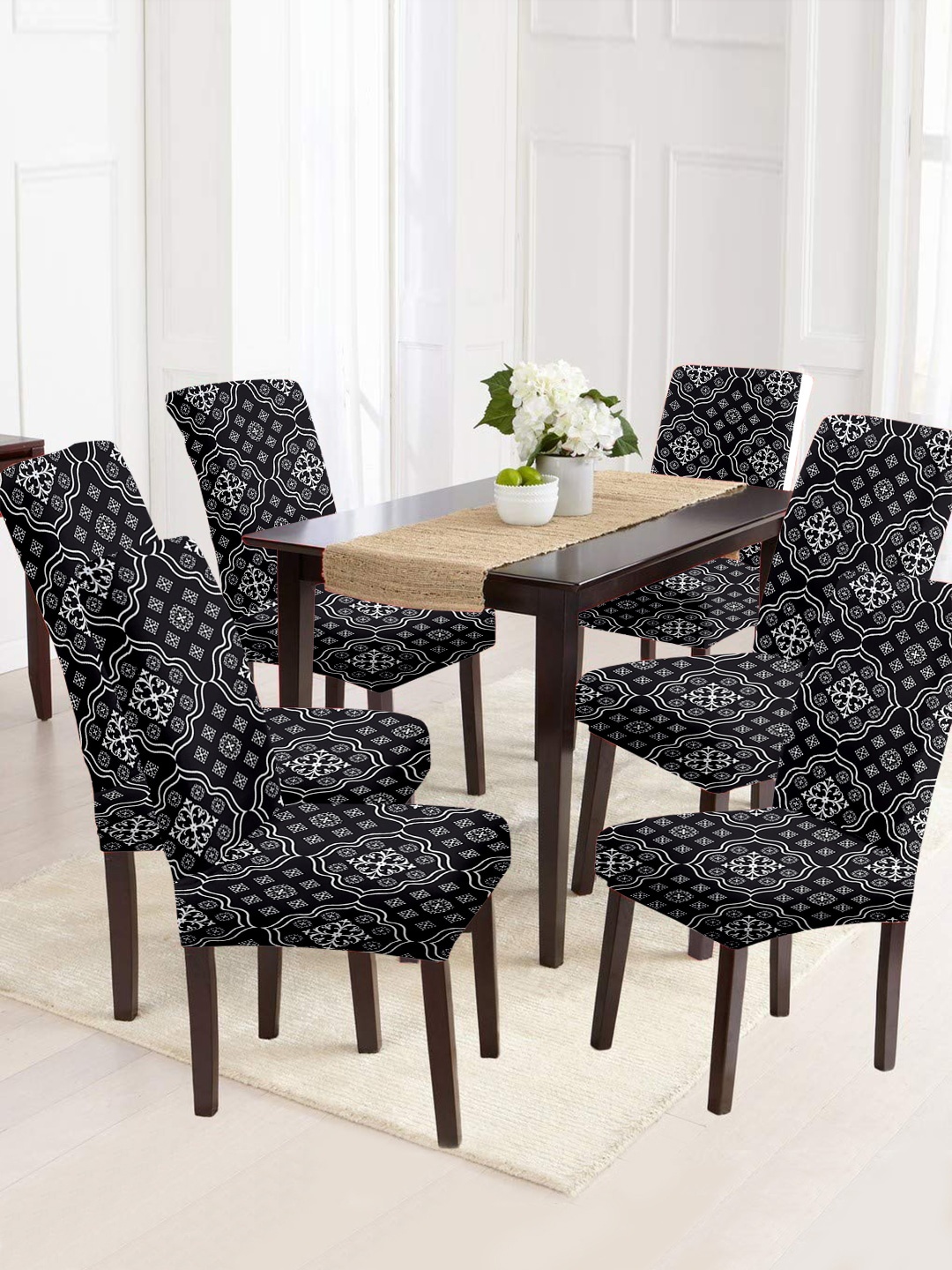 

Cortina Black & White 6 Pcs Ethnic Motif Printed Super Stretchable Chair Covers