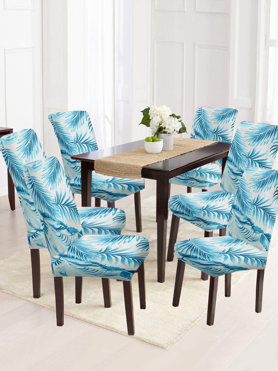 

Cortina White & Blue 6 Pcs Leaf Printed Super Stretchable Chair Covers