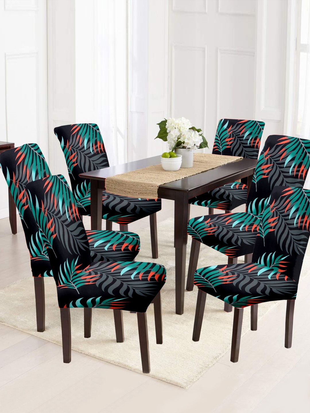 

Cortina Black & Teal Blue 6 Pcs Leaf Printed Super Stretchable Chair Covers