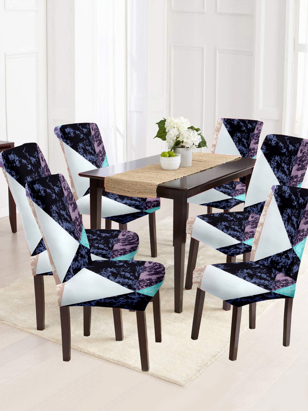 Cortina Blue & White 6 Pieces Abstract Printed Super Stretchable Chair Covers