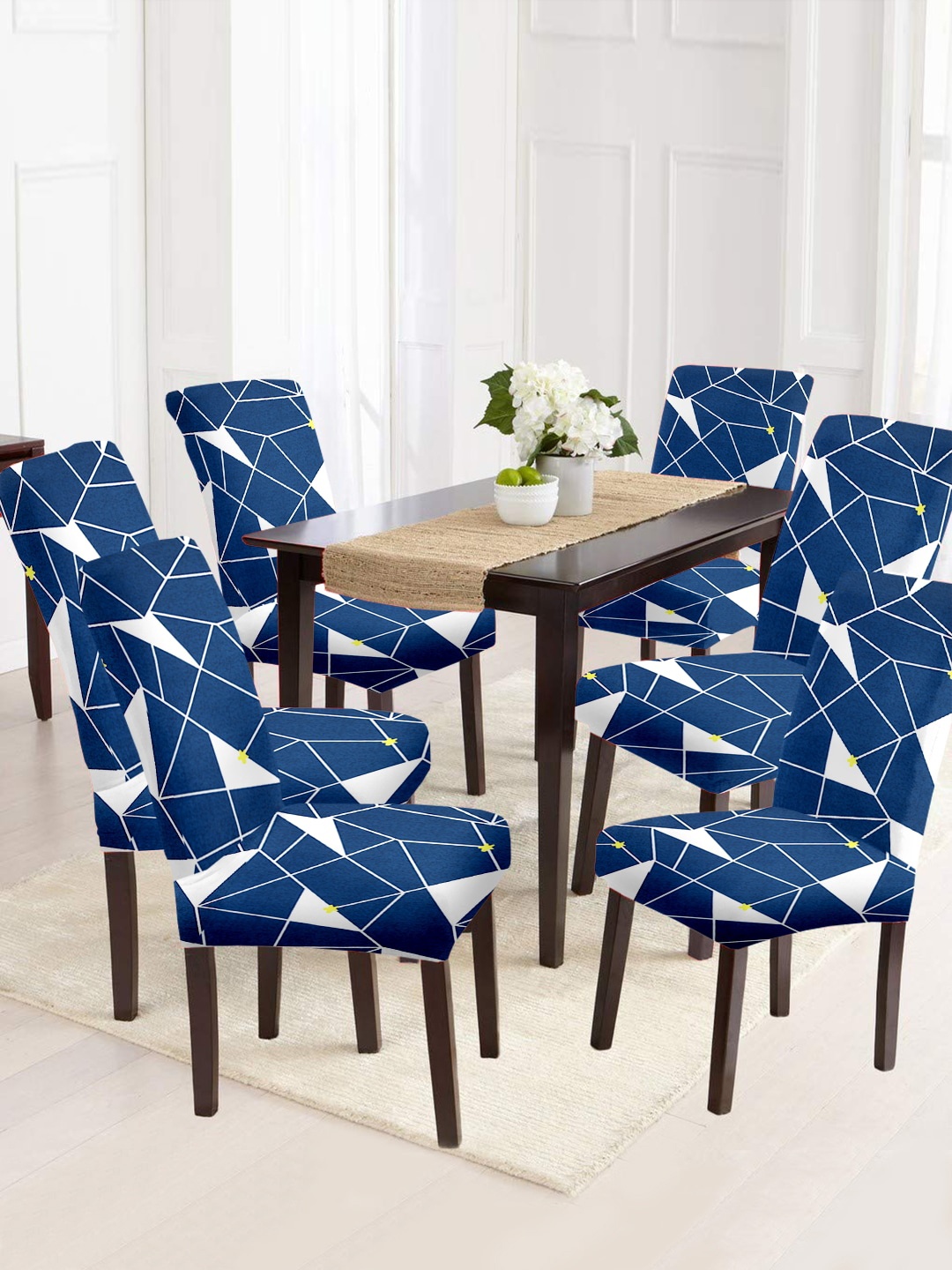 

Cortina Blue & White 6 Pieces Geometric Printed Super Stretchable Chair Covers