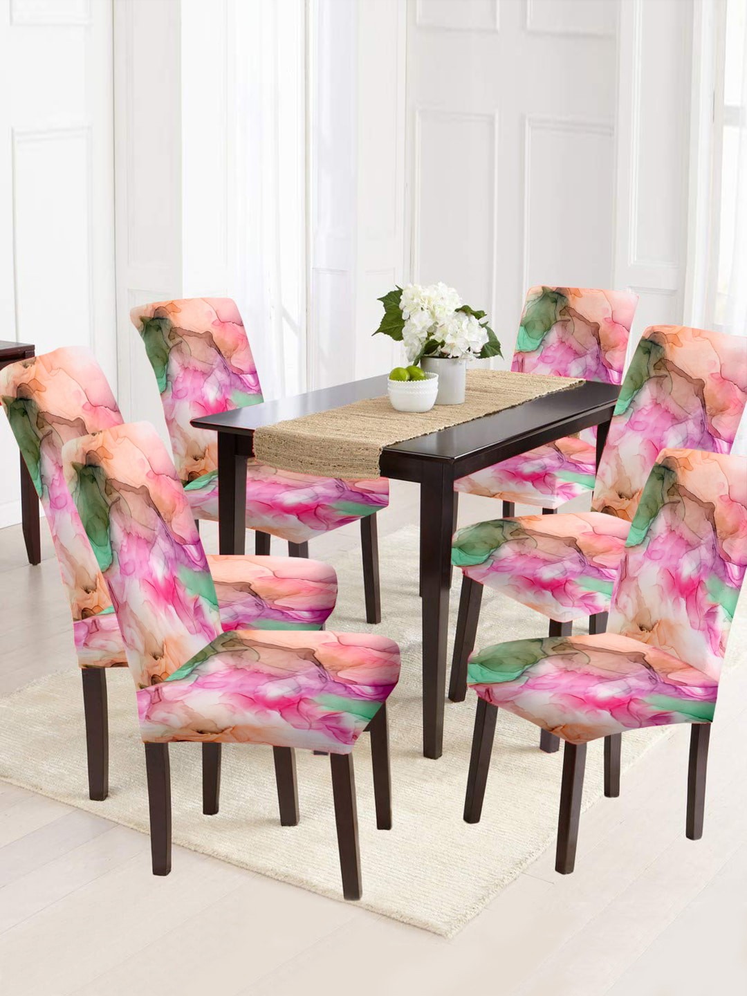 Cortina White & Blue 6 Pieces Abstract Printed Super Stretchable Chair Covers, Pink