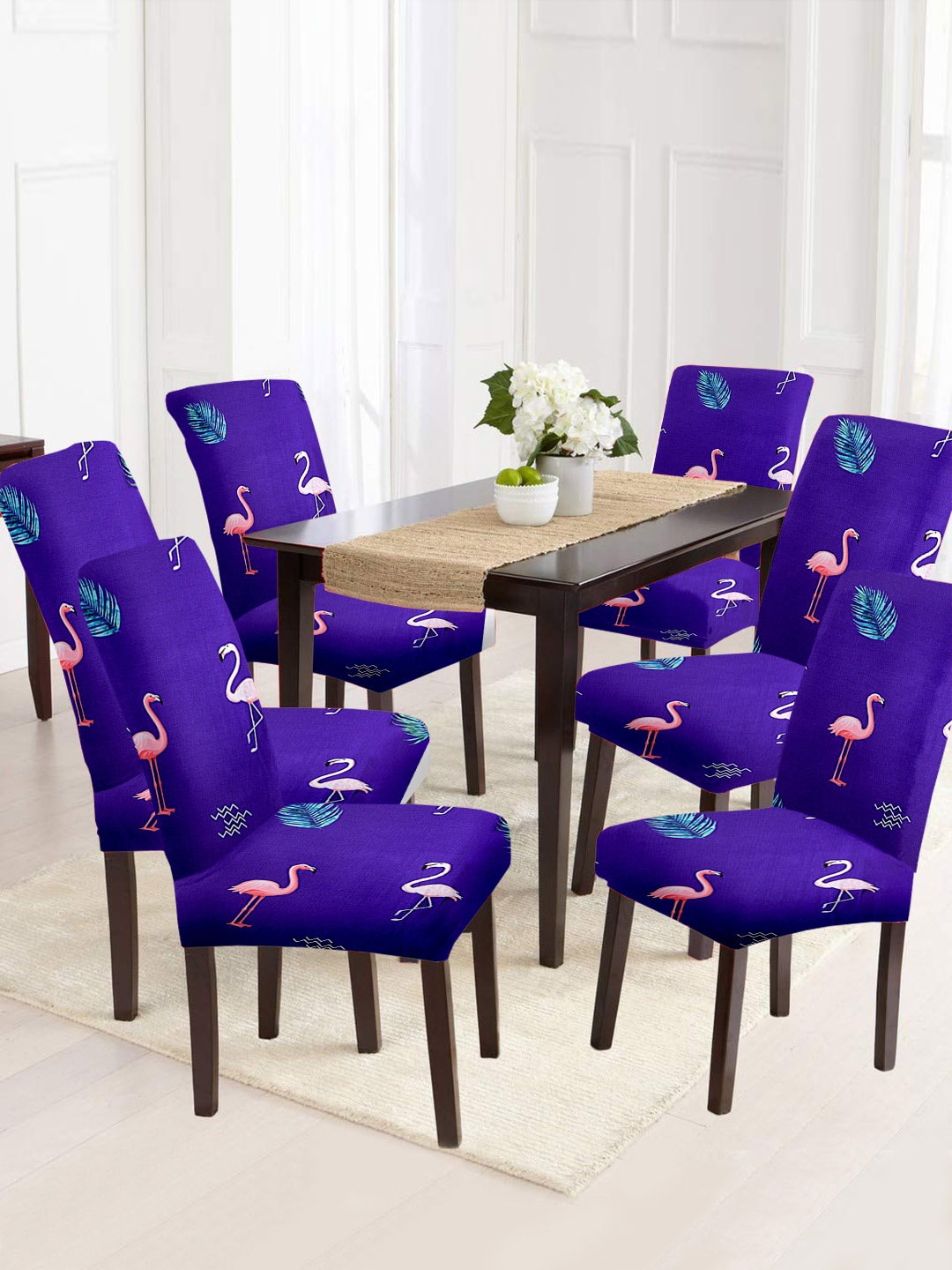 Cortina Blue 6 Pieces Printed Super Stretchable Chair Covers
