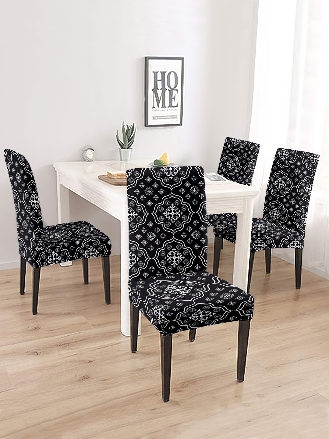 Cortina Black & White 4 Pcs Ethnic Motifs Printed Chair Covers