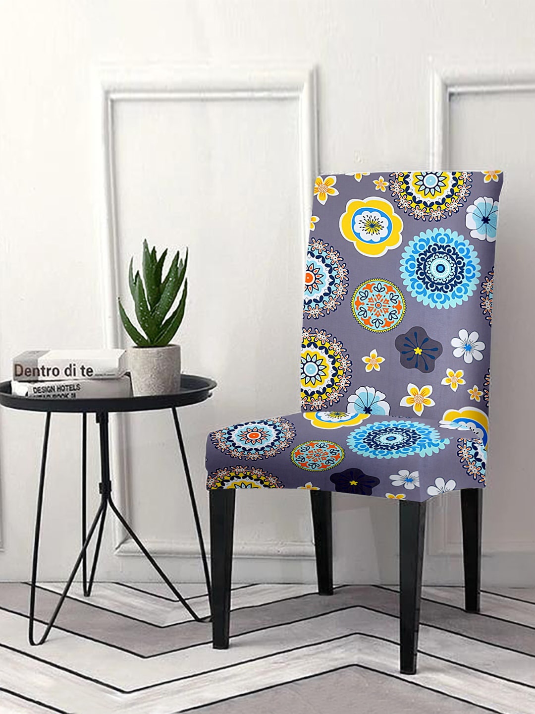Cortina Grey & Blue Floral Printed Super Stretchable Chair Cover