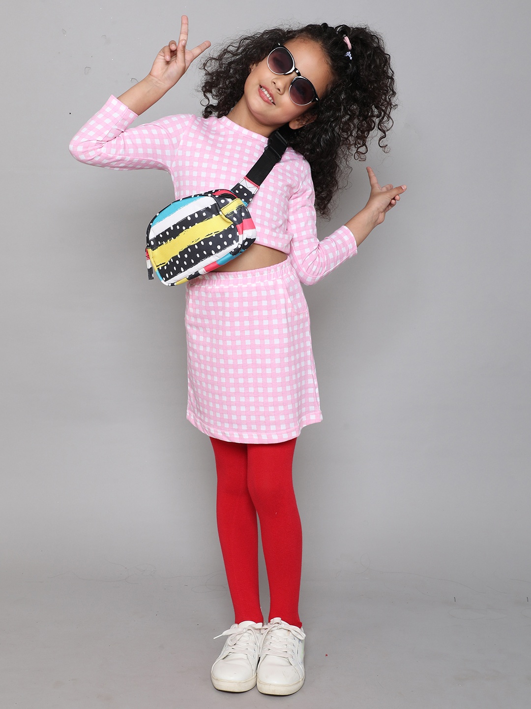 

taffykids Girls Checked Long Sleeves Crop Top with Skirt, Pink