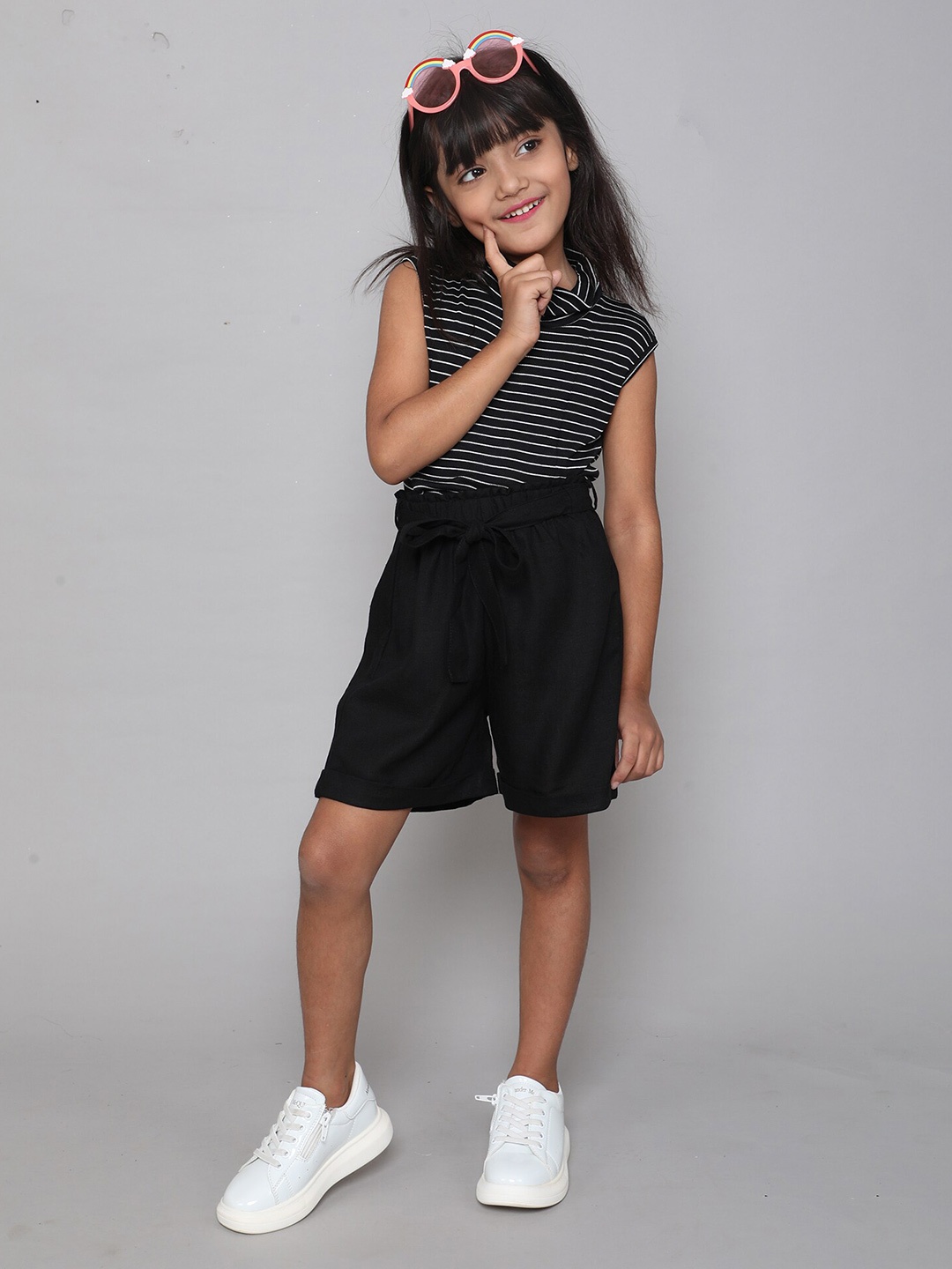 

taffykids Girls Striped Cotton Crop Top with Shorts Set, Black