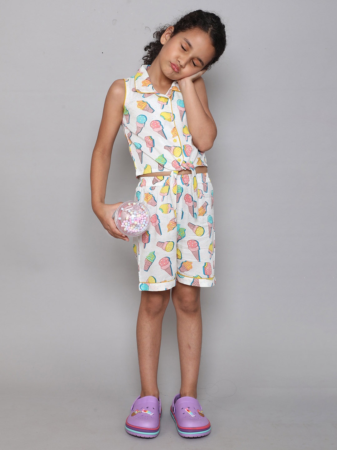 

taffykids Girls Printed Cotton Top with Shorts Set, White