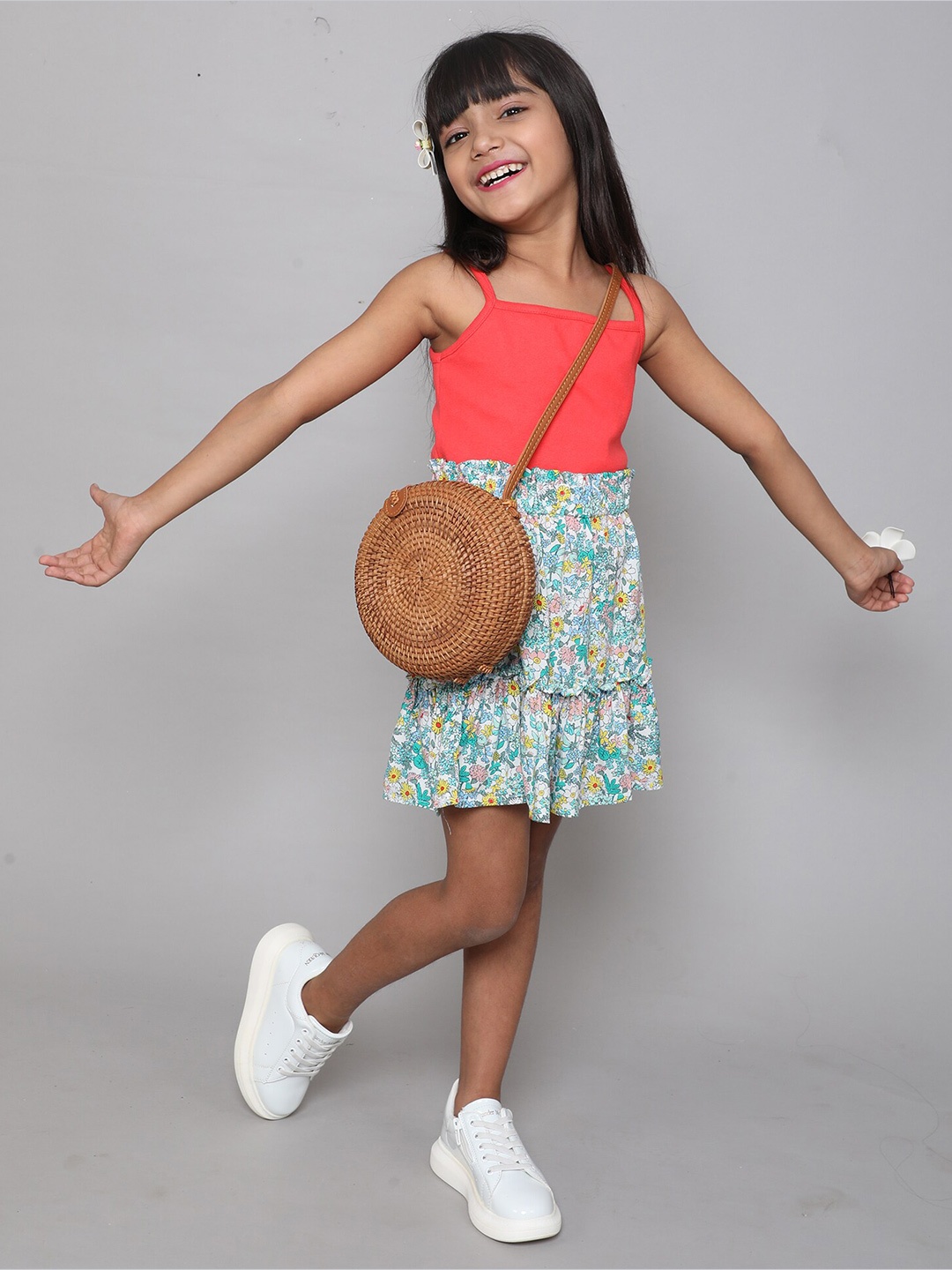 

taffykids Girls Top with Printed Tiered Skirt Set, Red