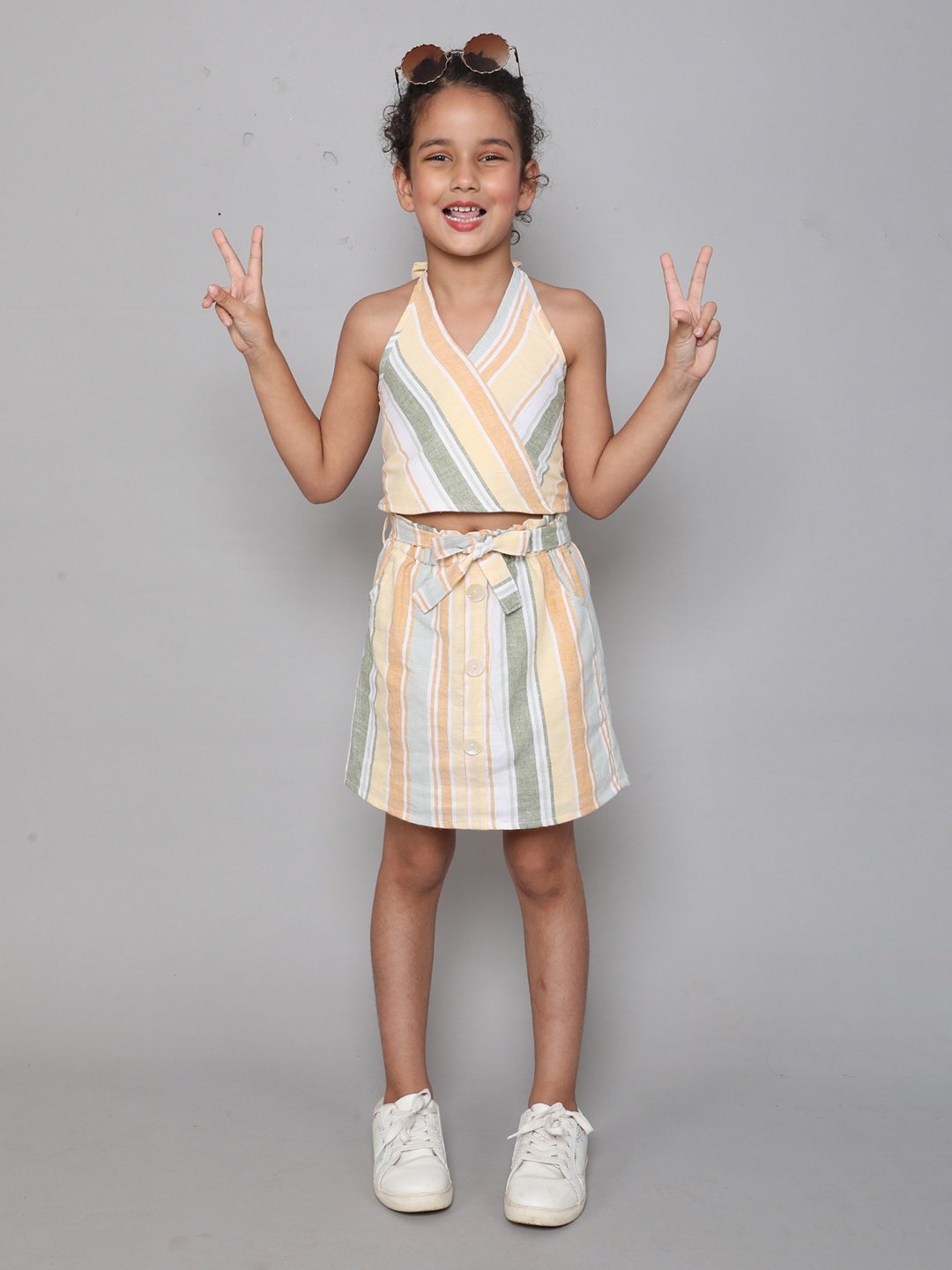 

taffykids Girls Striped Cotton Tie-Up Top with Skirt Set, Green