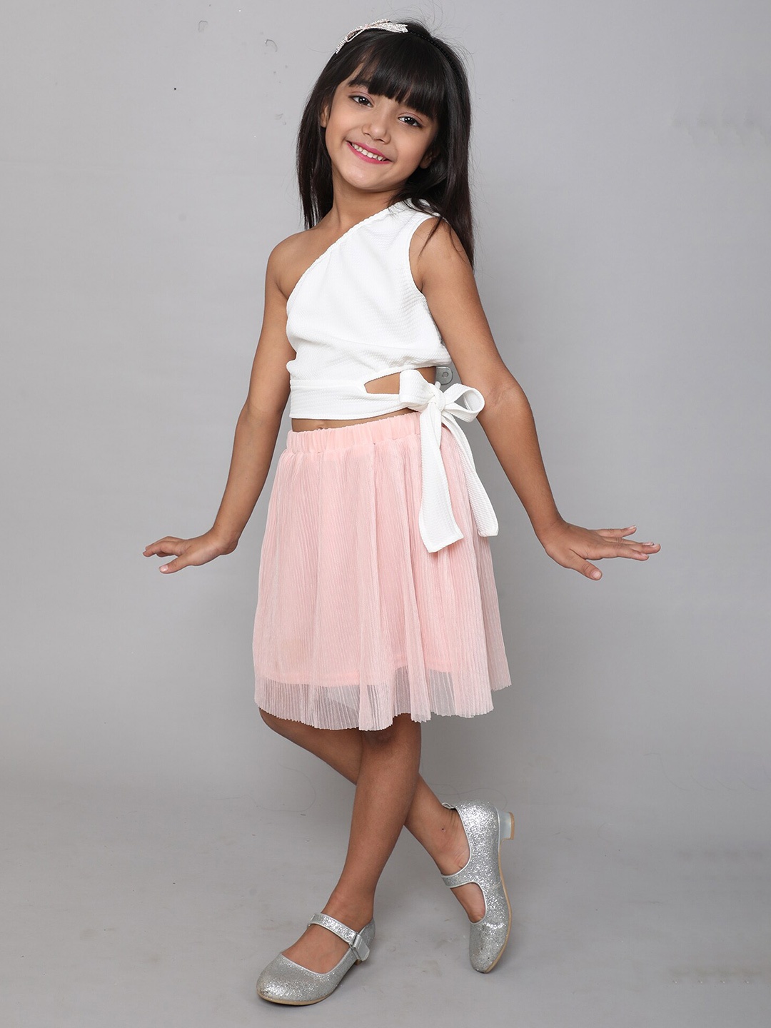 

taffykids Girls One Shoulder Crop Top with Pleated Skirt Set, Pink