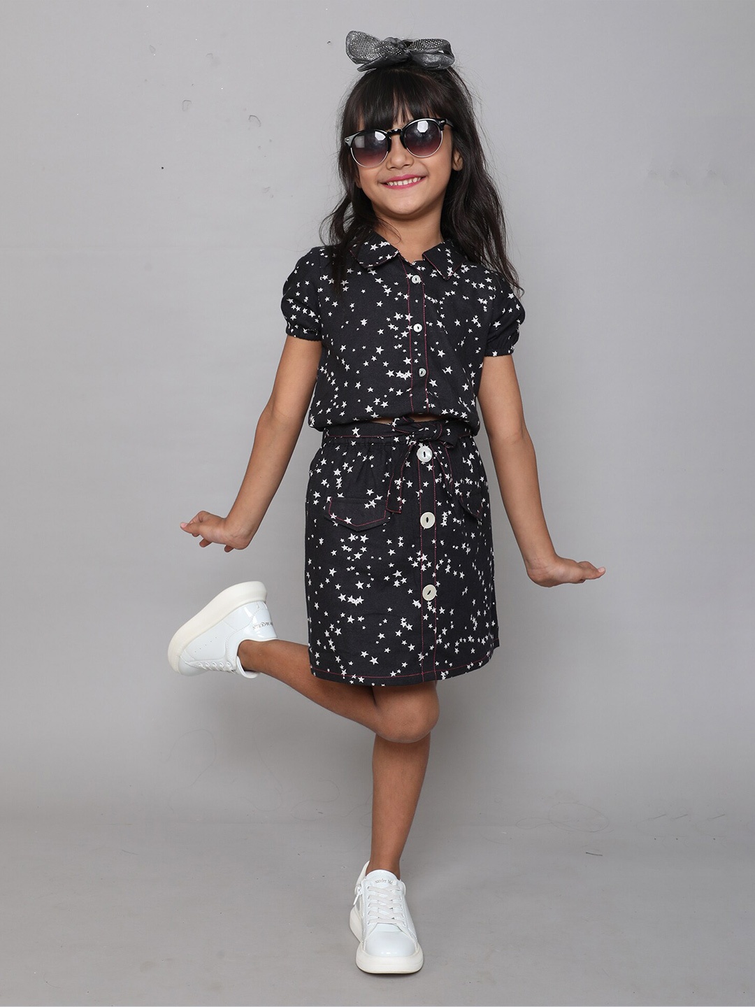 

taffykids Girls Printed Cotton Top with Skirt Set, Charcoal