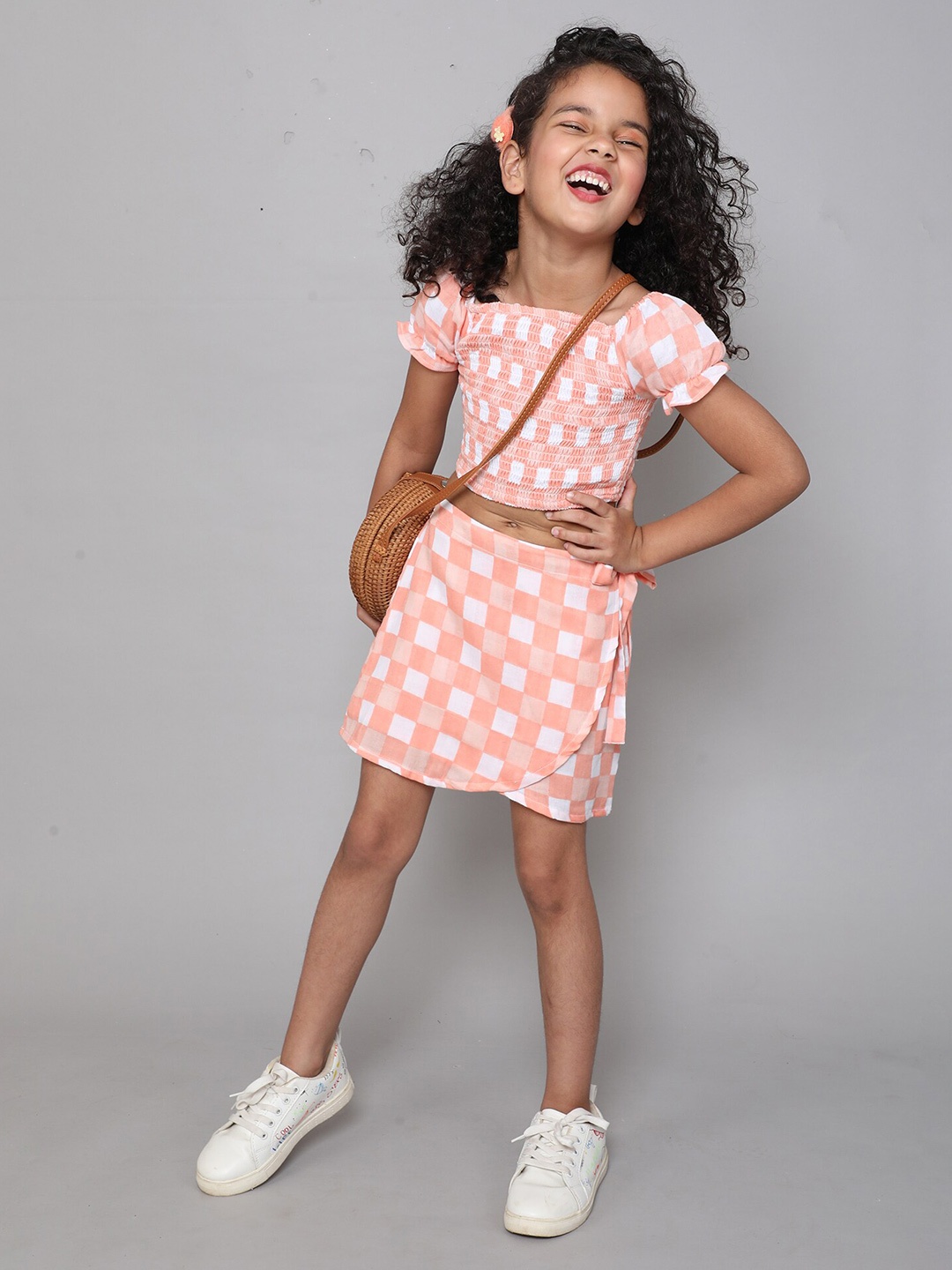 

taffykids Girls Printed Smocked Cotton Top with Skirt Set, Orange
