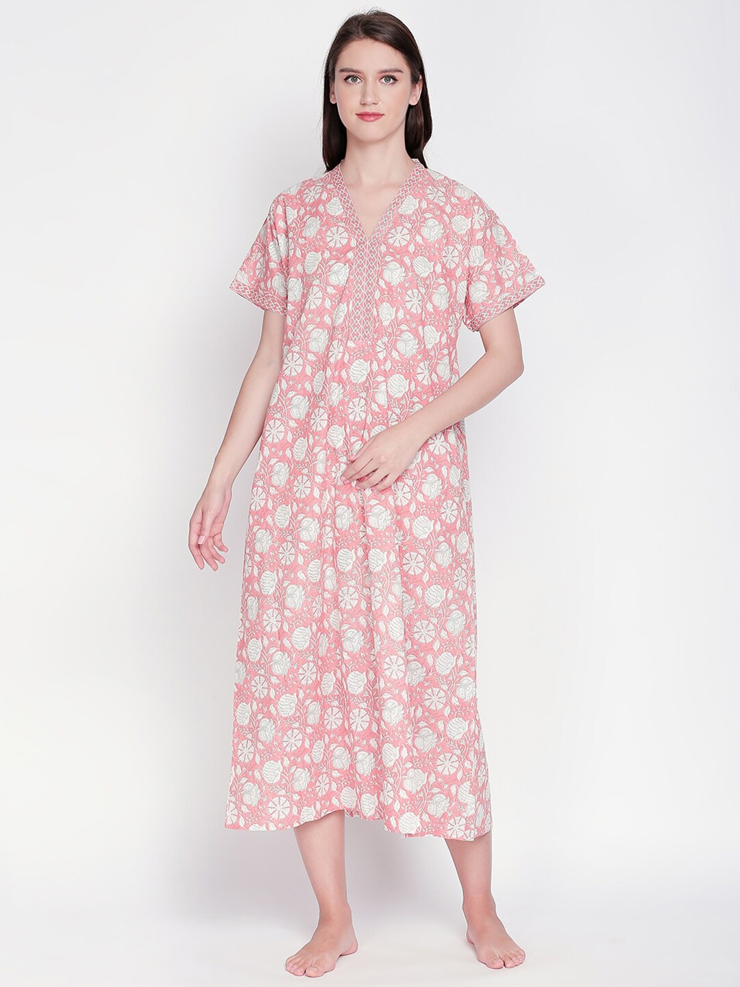 

RANGMANCH BY PANTALOONS Floral Printed Pure Cotton Maxi Nightdress, Coral