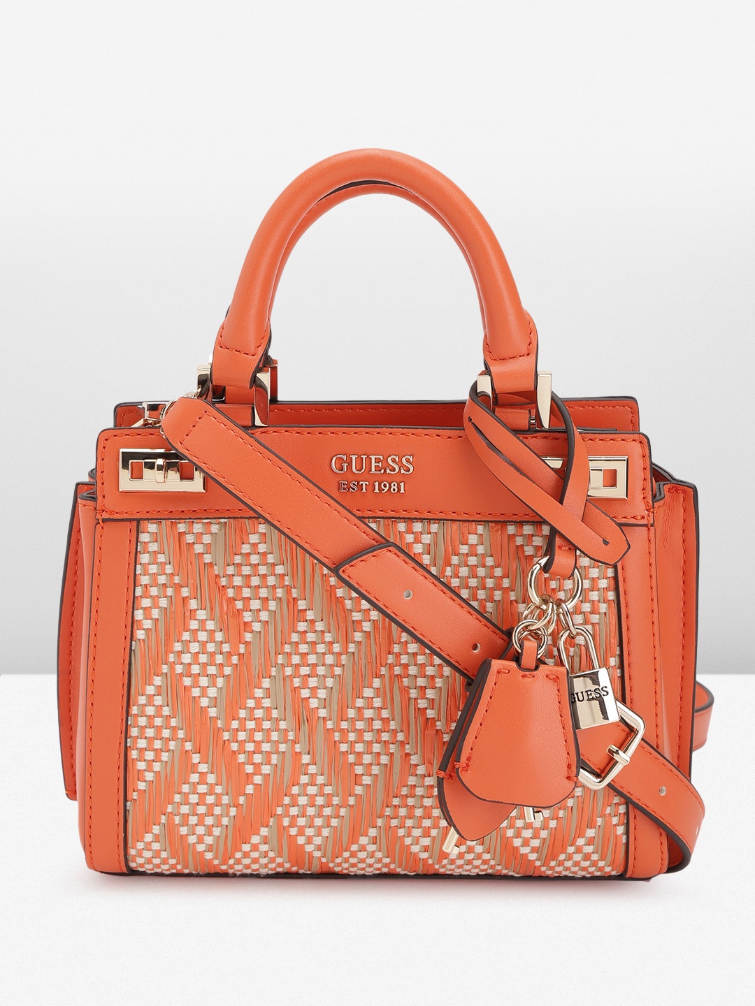 

GUESS Geometric Woven Design Structured Handheld Bag, Orange