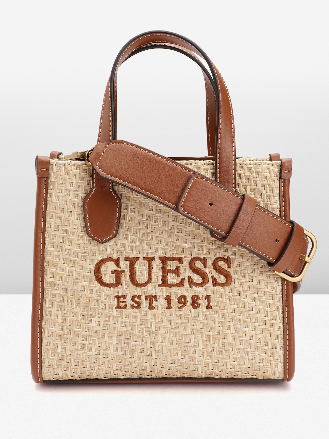 

GUESS Women Textured Structured Handheld Bag, Beige