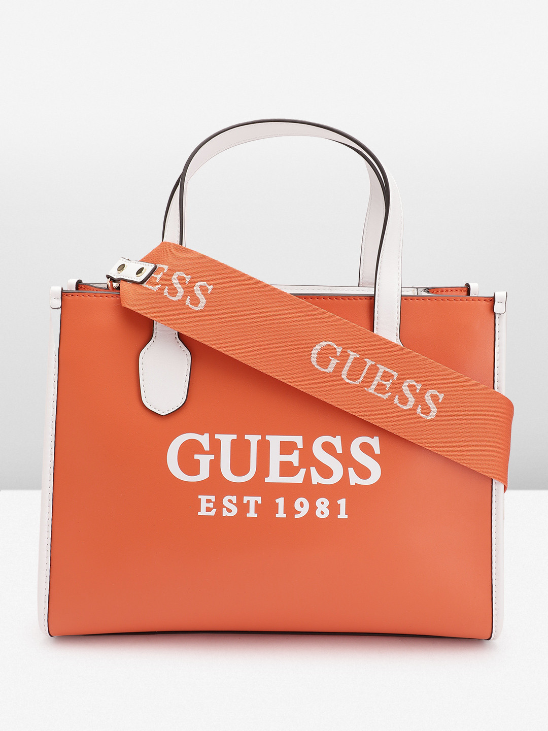 

GUESS Women Brand Logo Print Structured Handheld Bag, Orange