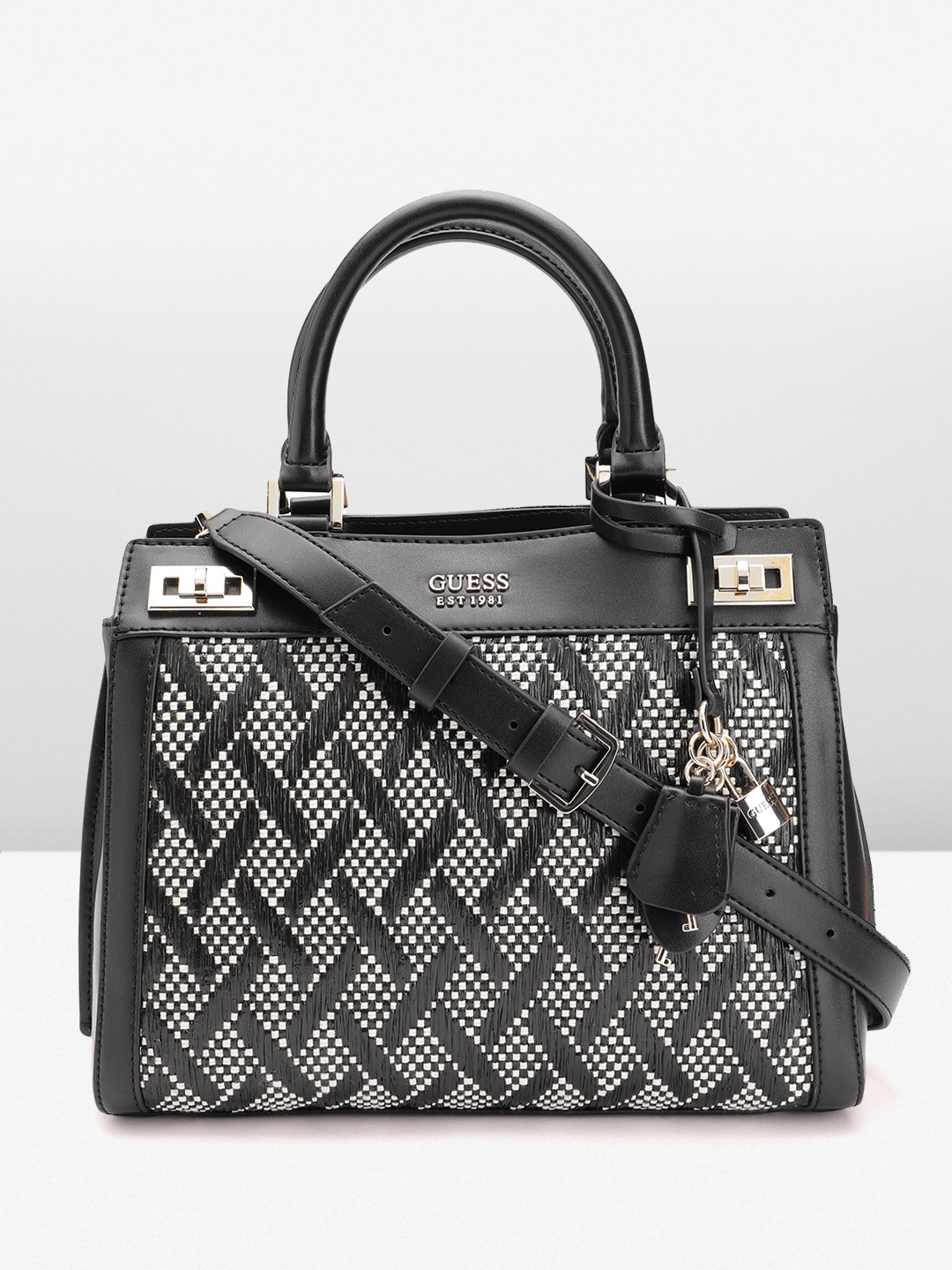 

GUESS Women Geometric Self Design Structured Handheld Bag, Black
