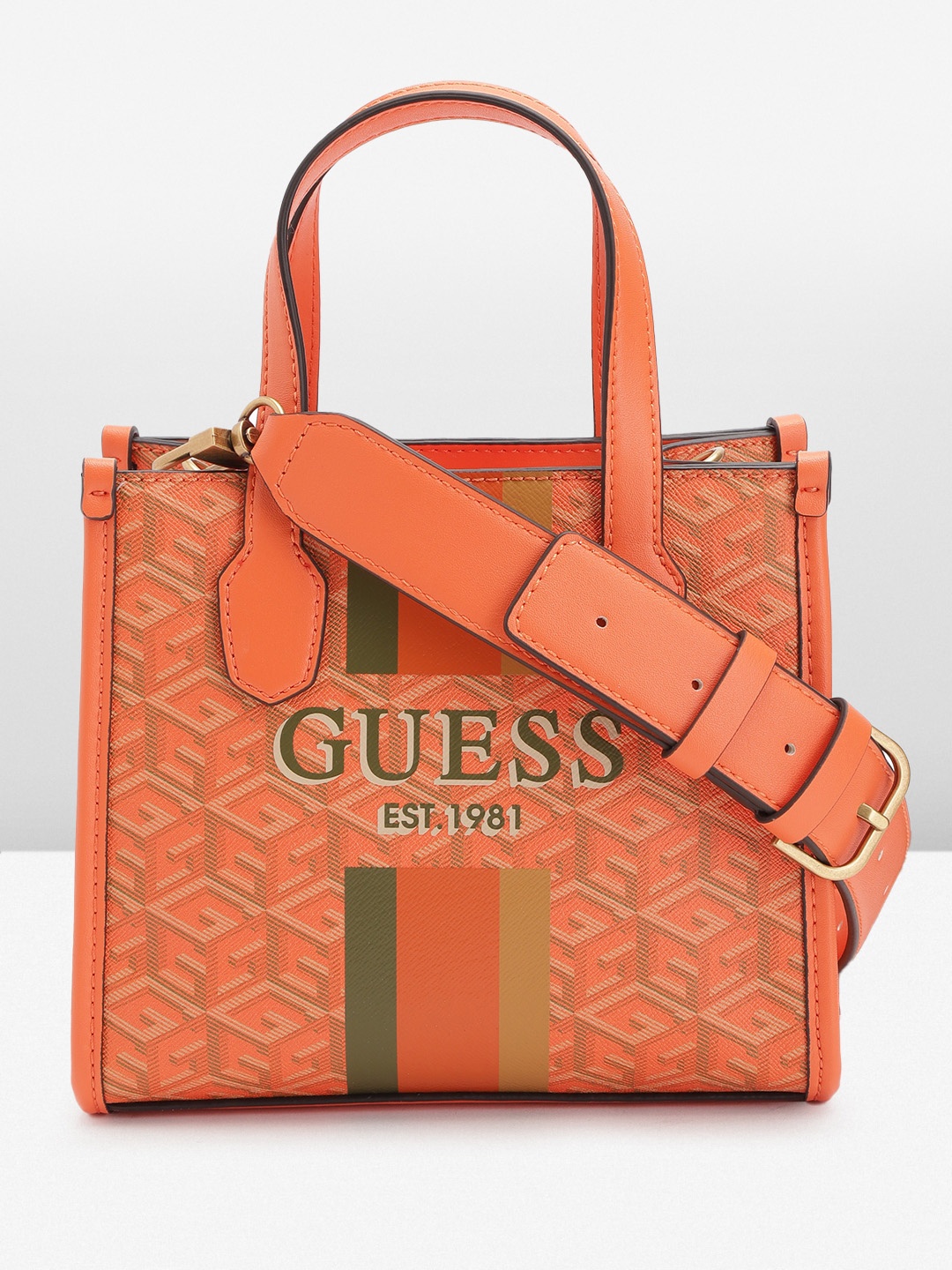 

GUESS Women Brand Logo Print Structured Handheld Bag, Orange