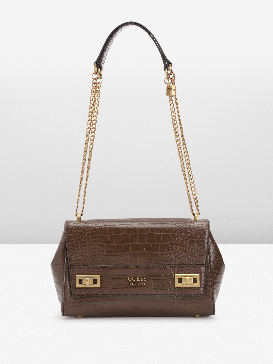 

GUESS Women Croc Textured Structured Sling Bag, Brown