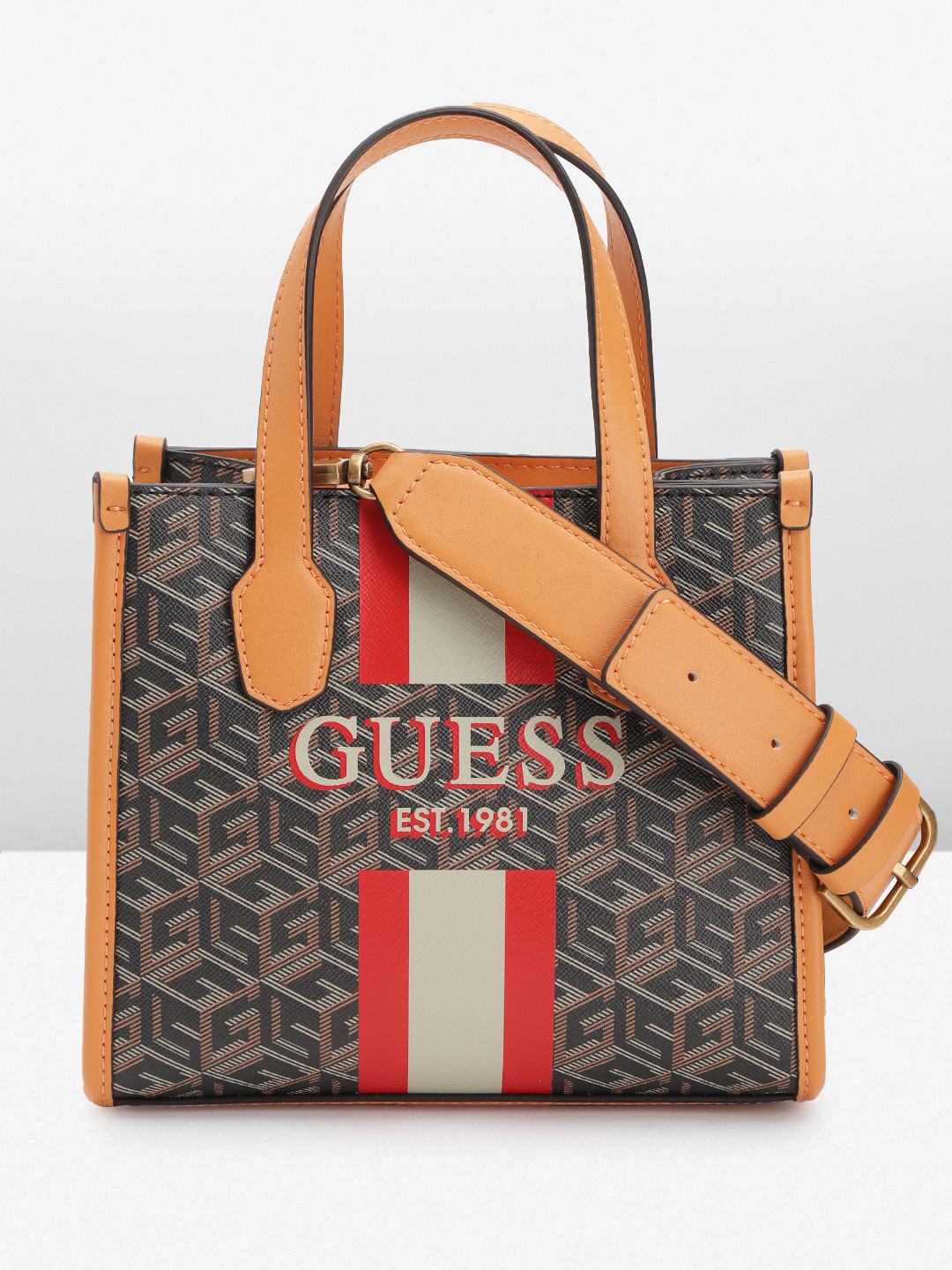

GUESS Women Brand Logo Print Structured Handheld Bag, Brown