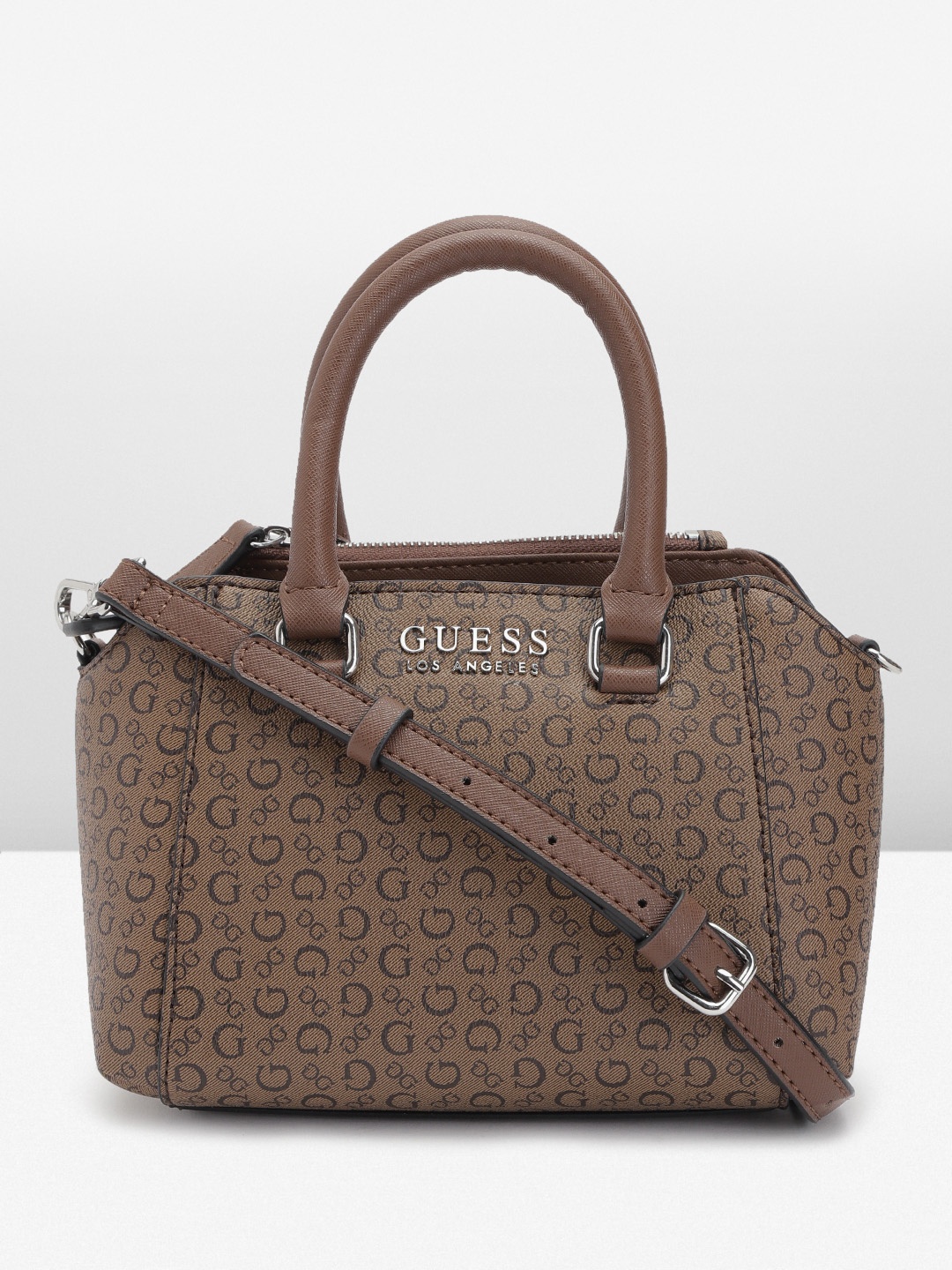 

GUESS Brand Logo Printed Structured Handheld Bag, Brown