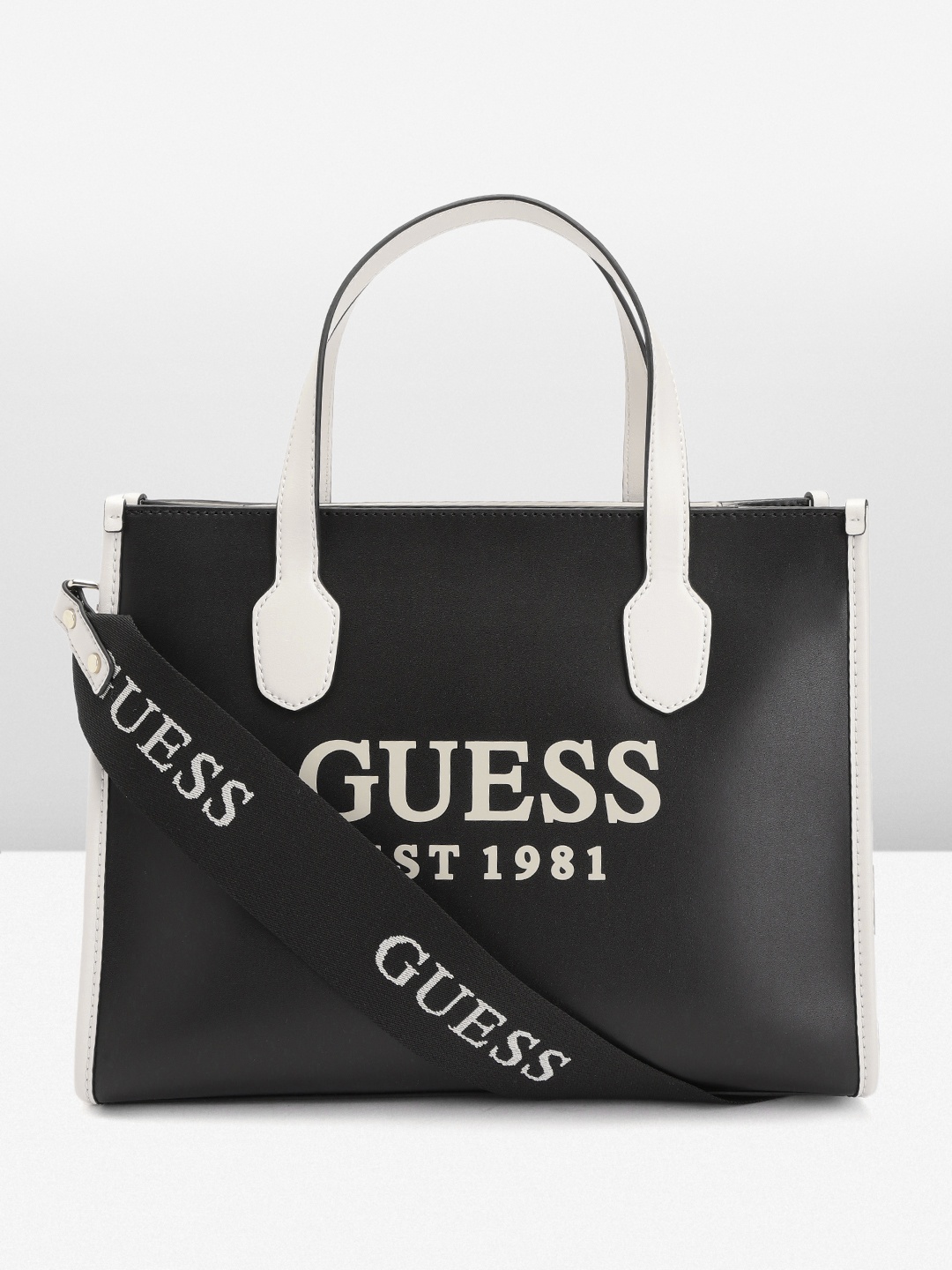 

GUESS Women Brand Logo Print Structured Handheld Bag, Black