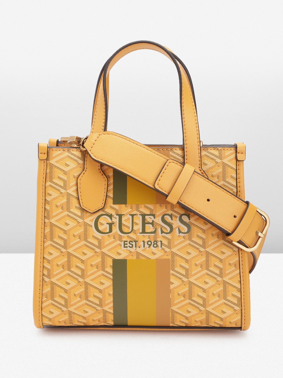 

GUESS Women Brand Logo Print Structured Handheld Bag, Yellow