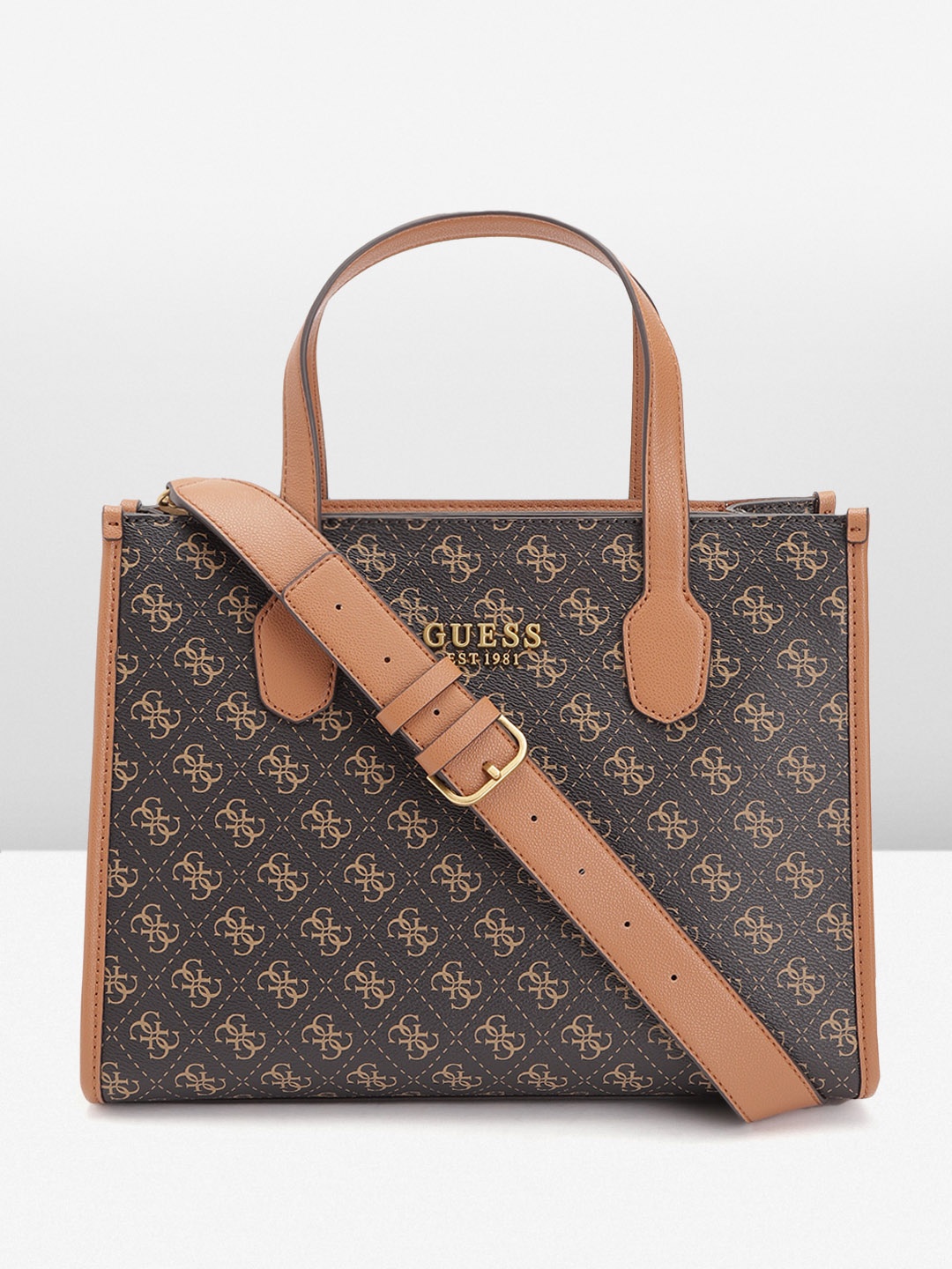 

GUESS Women Brand Logo Print Structured Handheld Bag, Brown