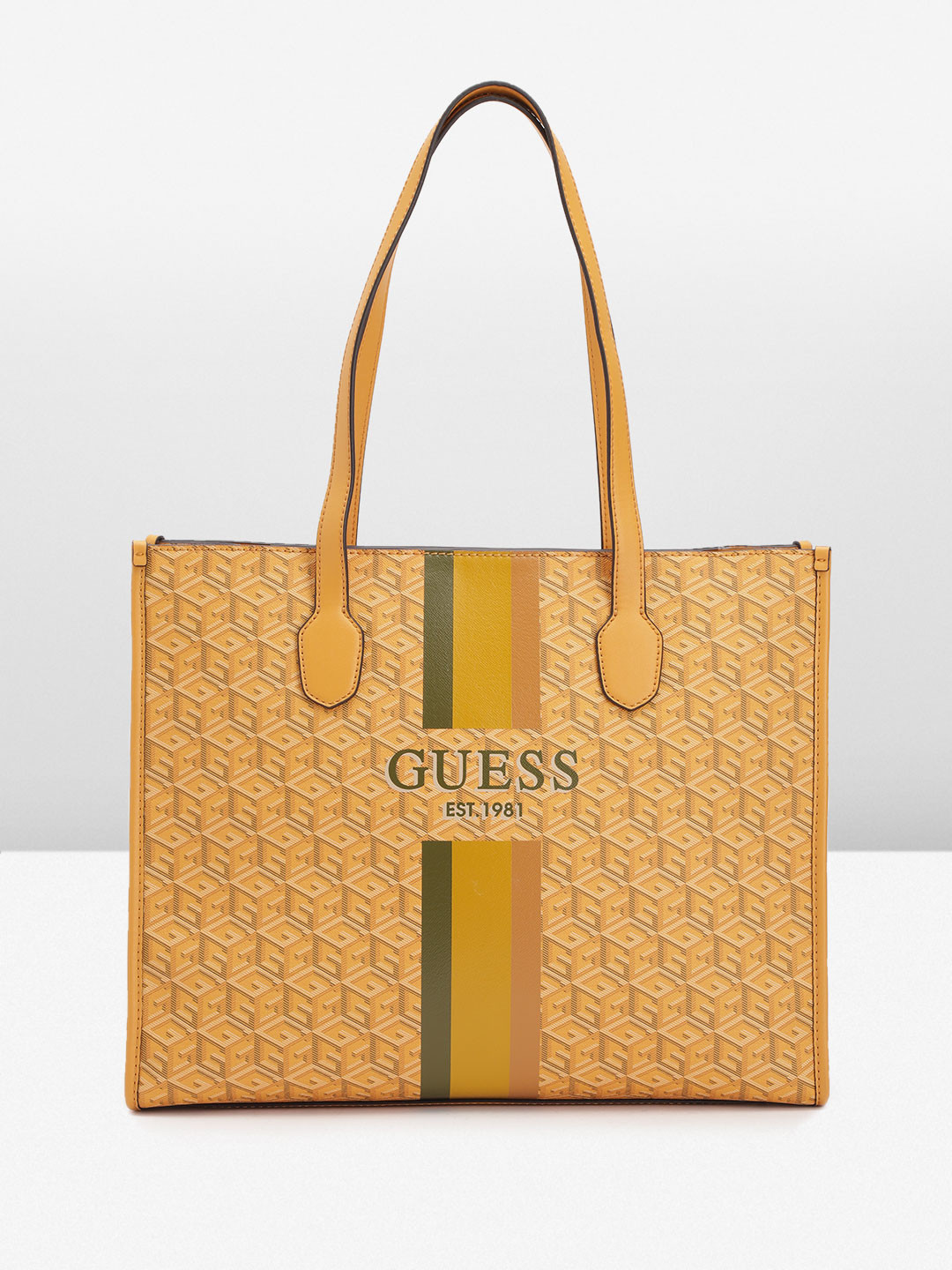 

GUESS Brand Logo Printed Structured Shoulder Bag, Yellow