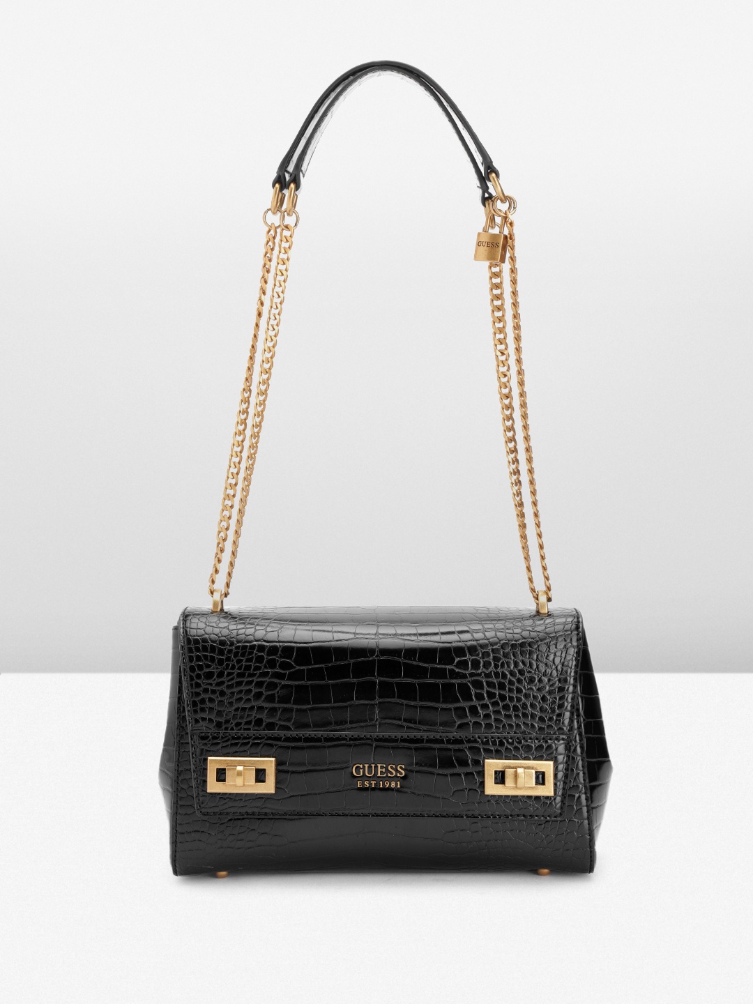

GUESS Women Croc Skin Textured Structured Sling Bag, Black