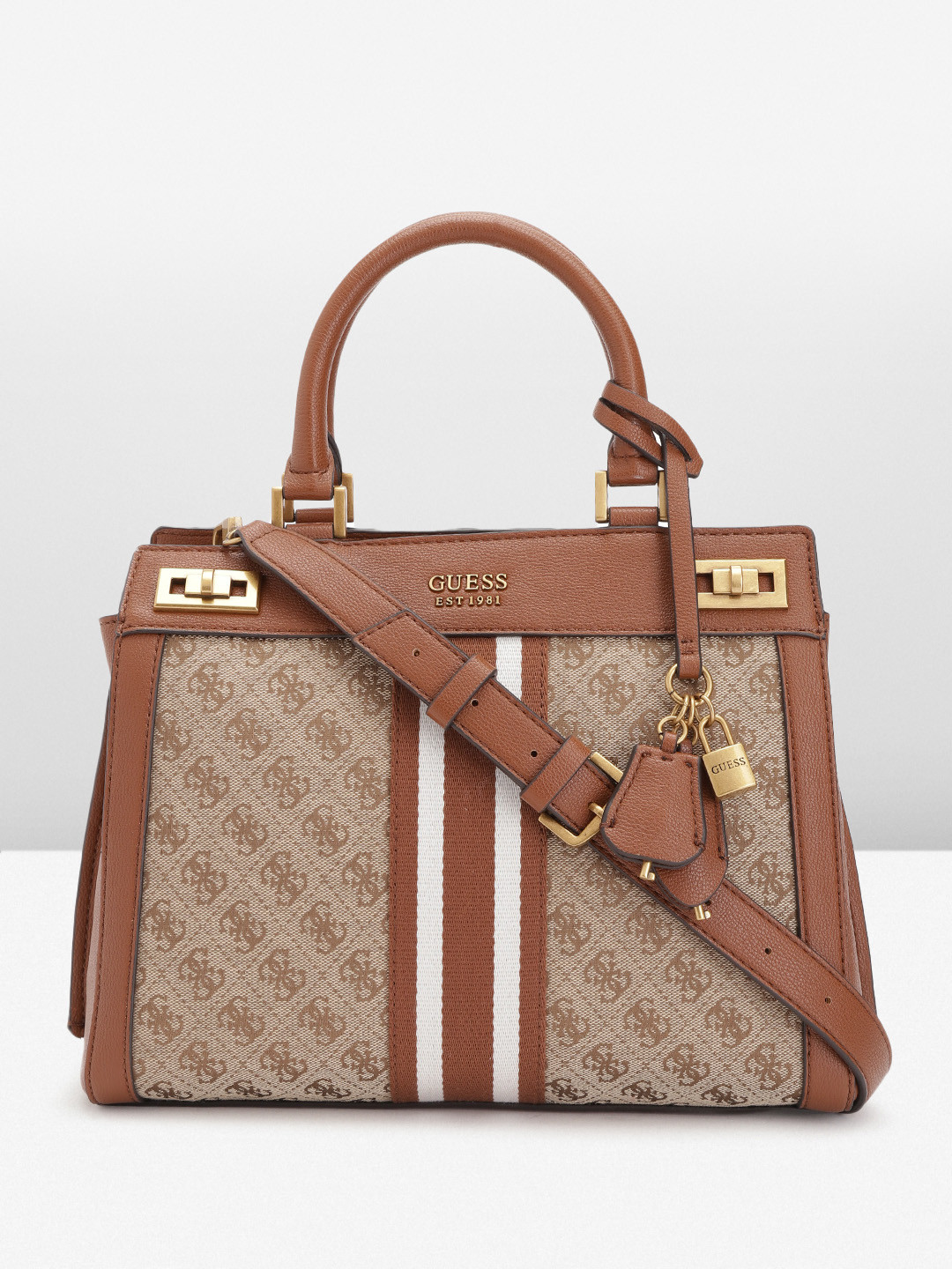 

GUESS Women Brand Logo Print Structured Handheld Bag, Beige