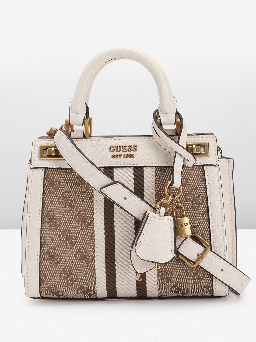 

GUESS Women Brand Logo Print Structured Handheld Bag, Beige