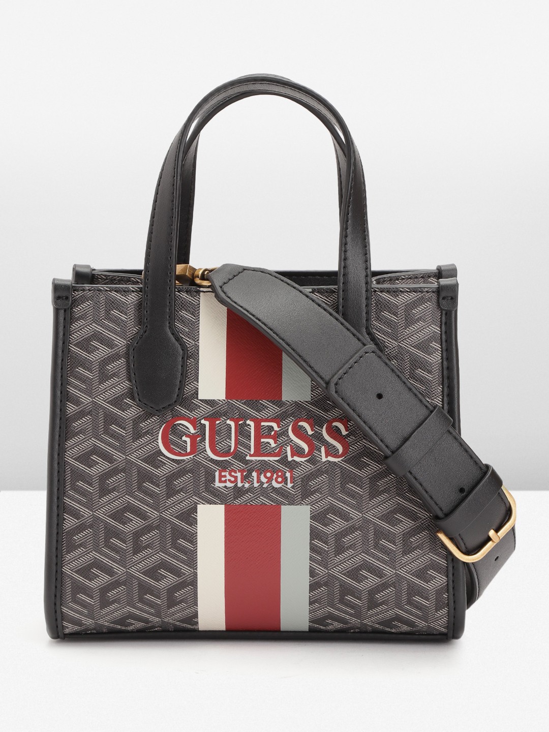 

GUESS Women Brand Logo Print Structured Handheld Bag, Black