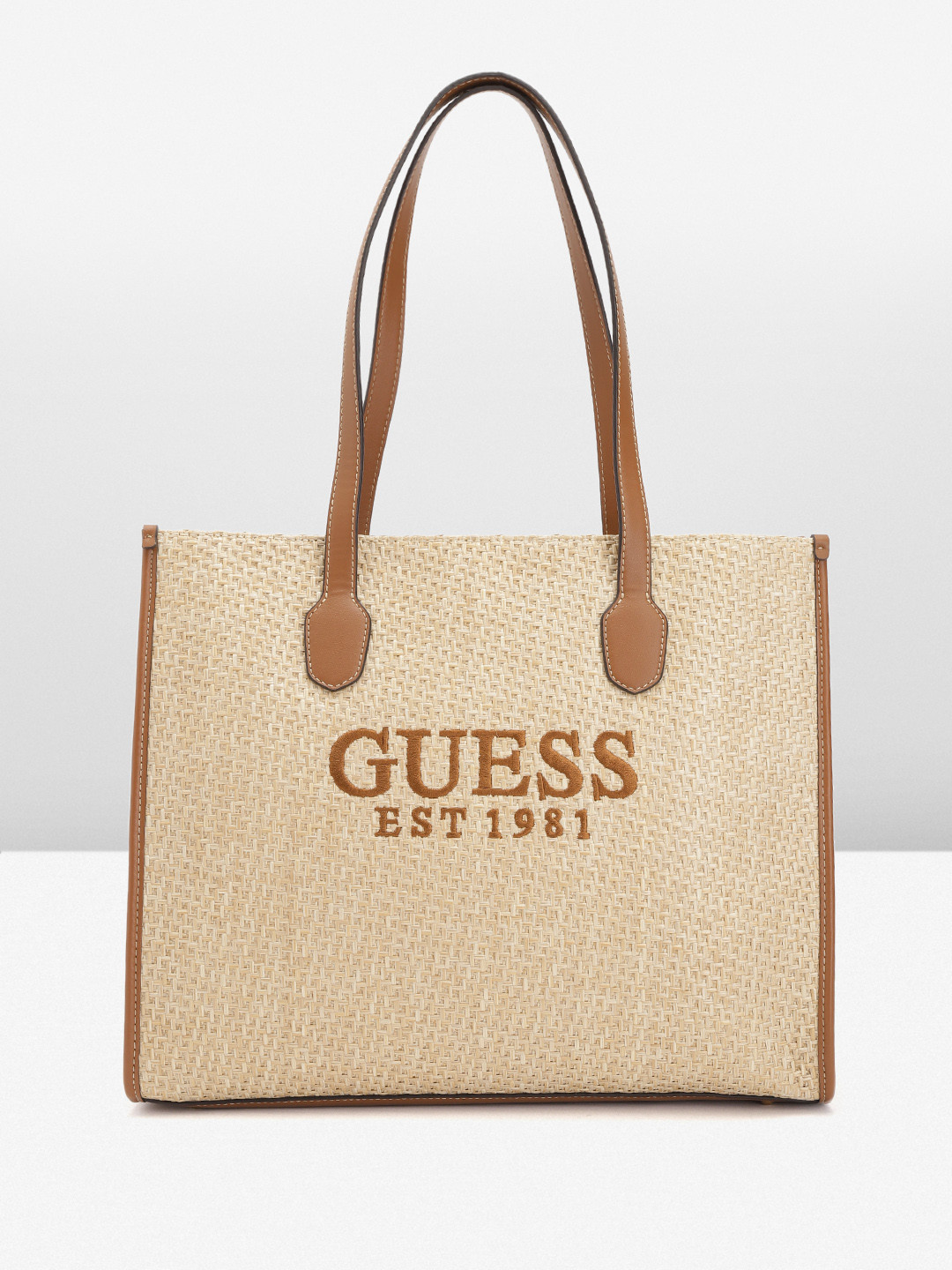 

GUESS Women Textured Embroidered Detail Structured Shoulder Bag, Beige