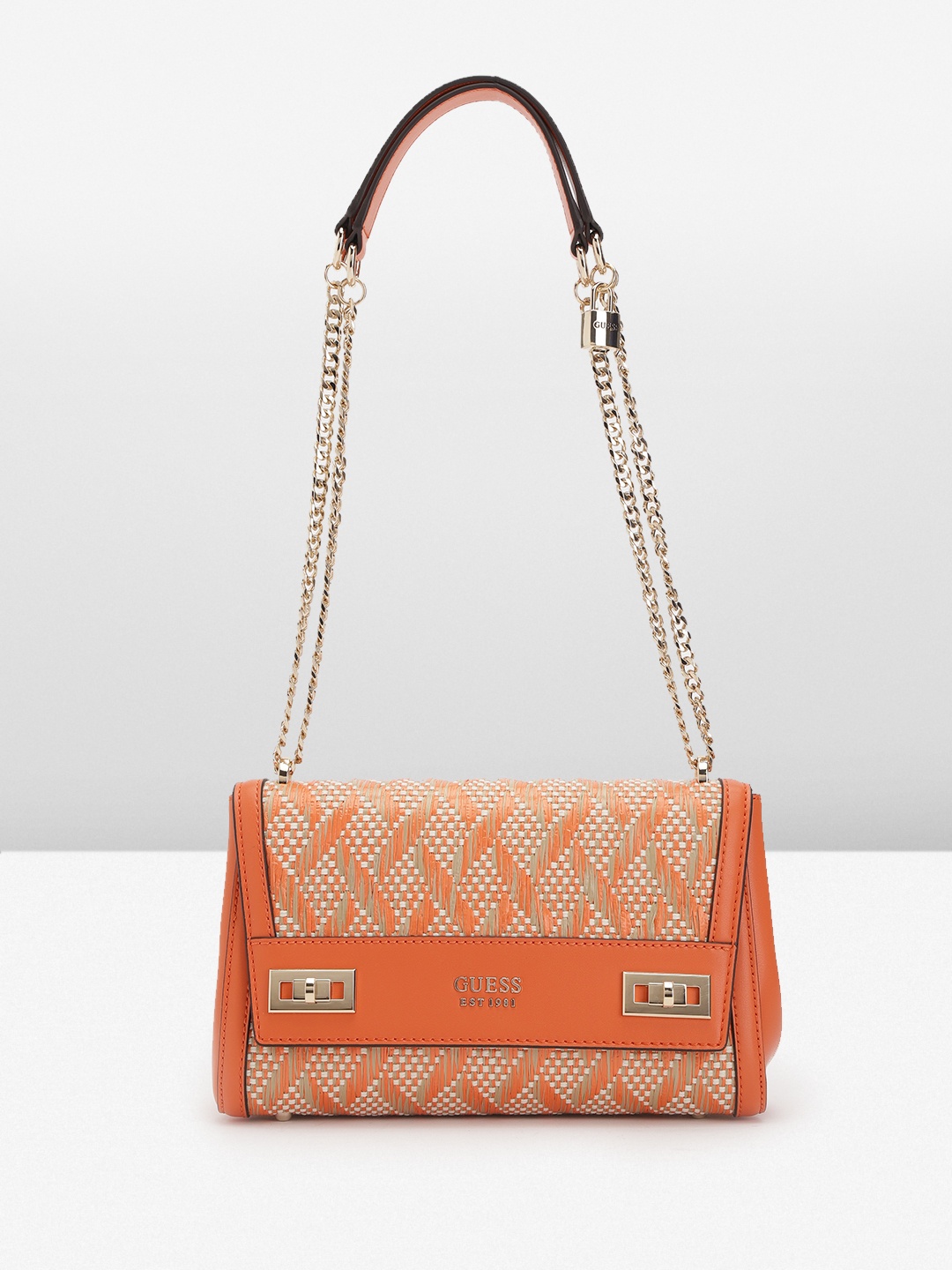 

GUESS Women Textured Thread Work Detail Structured Sling Bag, Orange