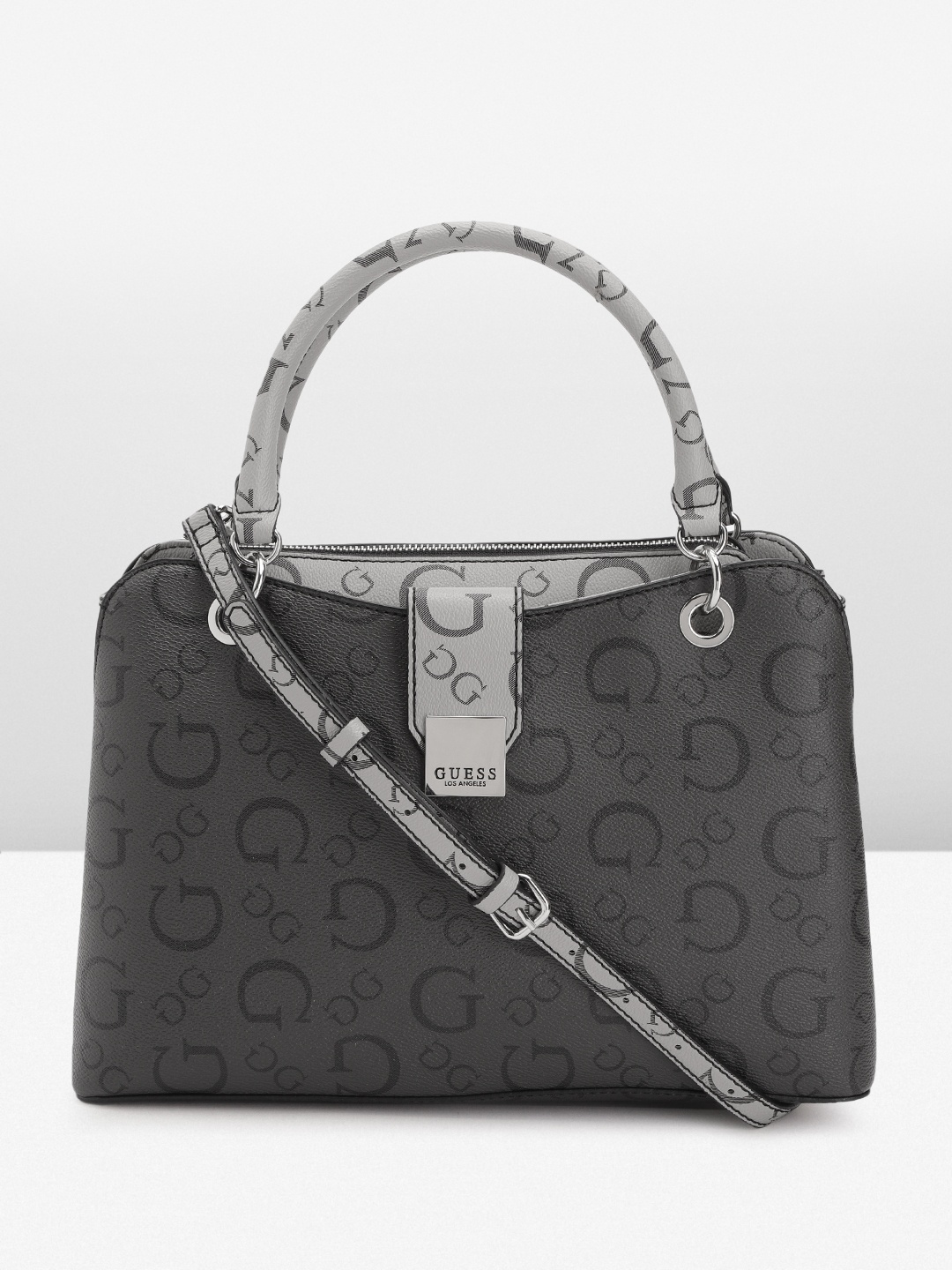 

GUESS Brand Logo Printed Structured Handheld Bag, Black