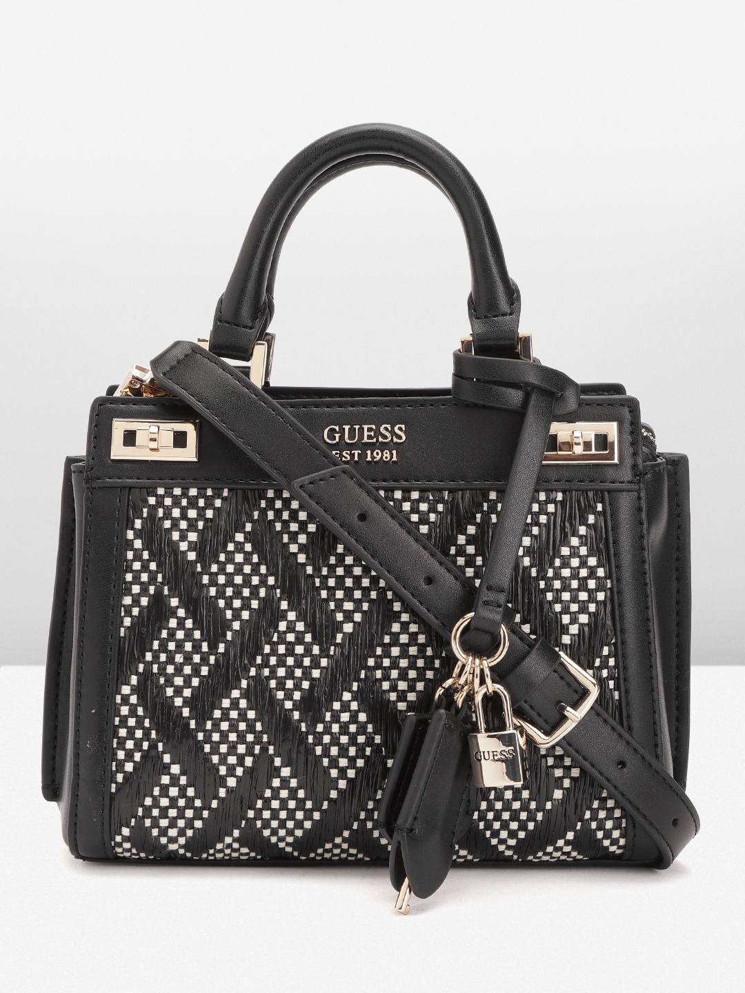 

GUESS Geometric Woven Design Structured Handheld Bag, Black