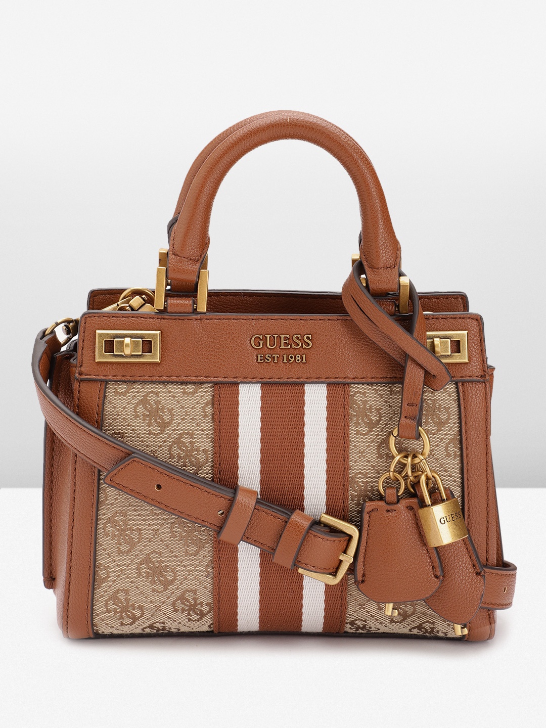 

GUESS Brand Logo Printed Structured Handheld Bag, Brown