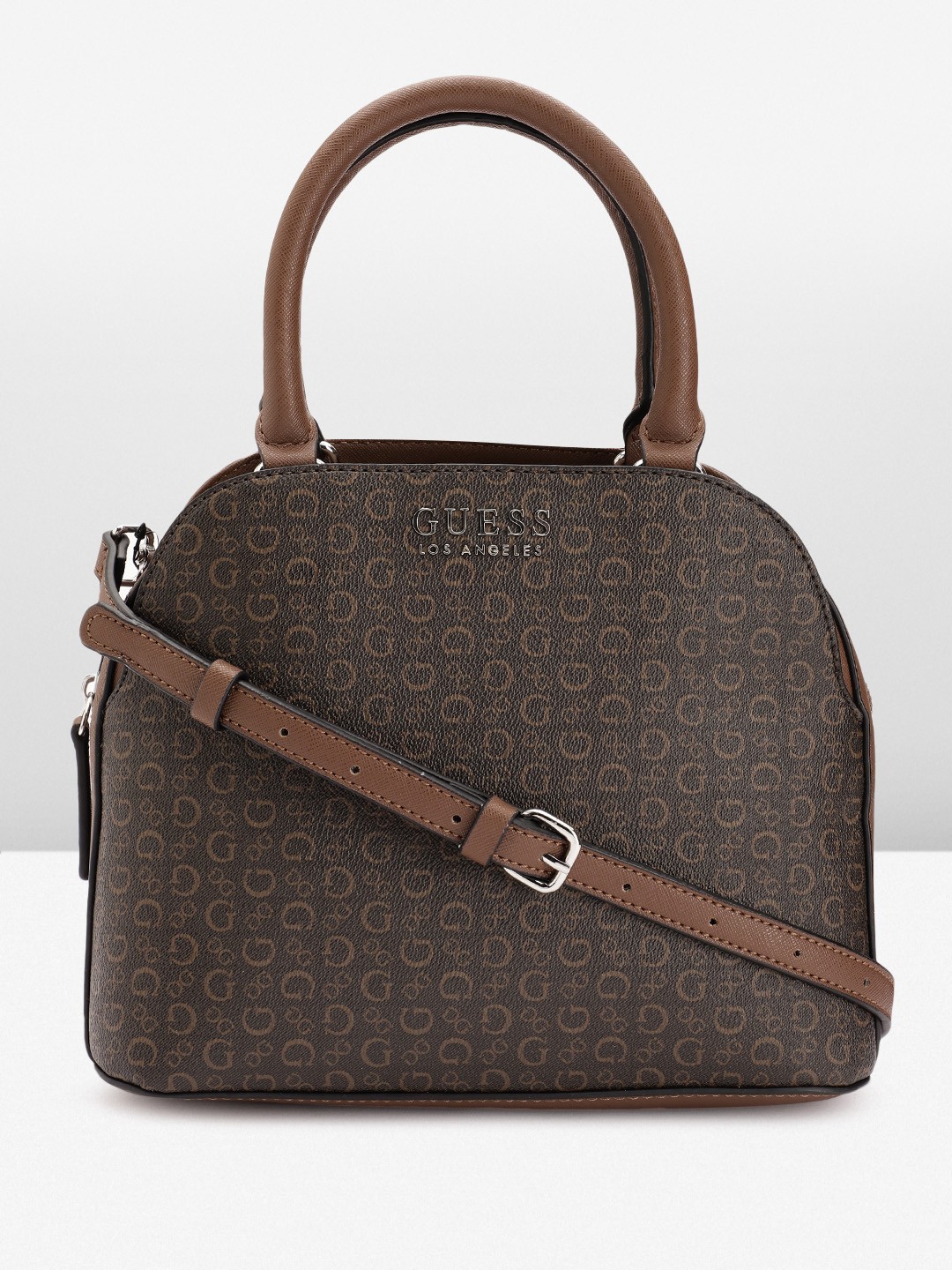 

GUESS Brand Logo Printed Structured Handheld Bag, Brown