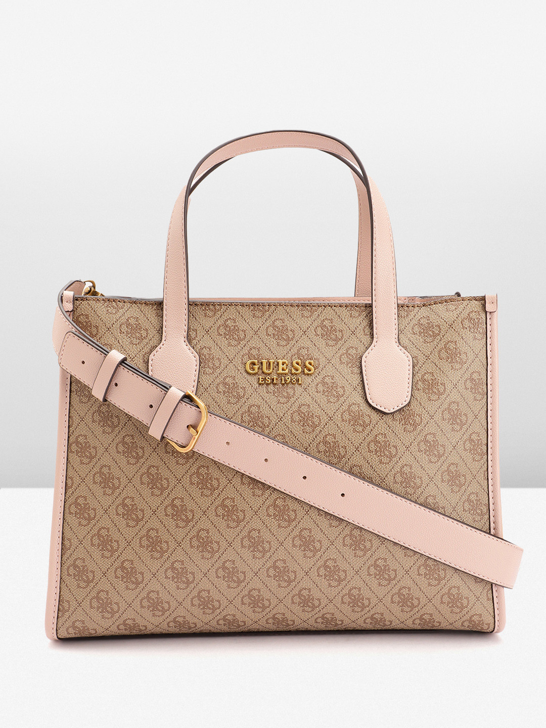 

GUESS Brand Logo Printed Structured Handheld Bag, Brown