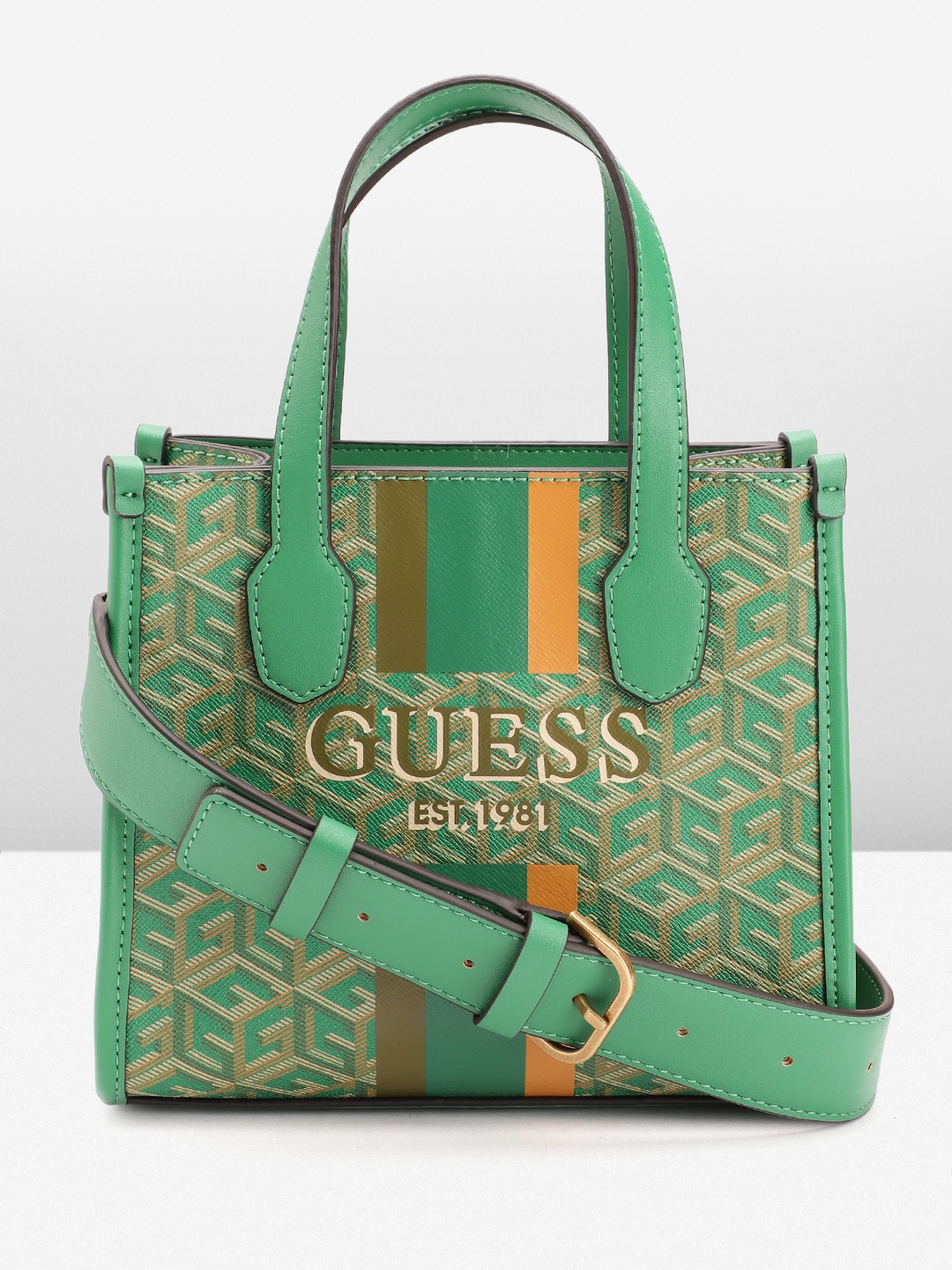 

GUESS Brand Logo Printed Structured Handheld Bag, Green