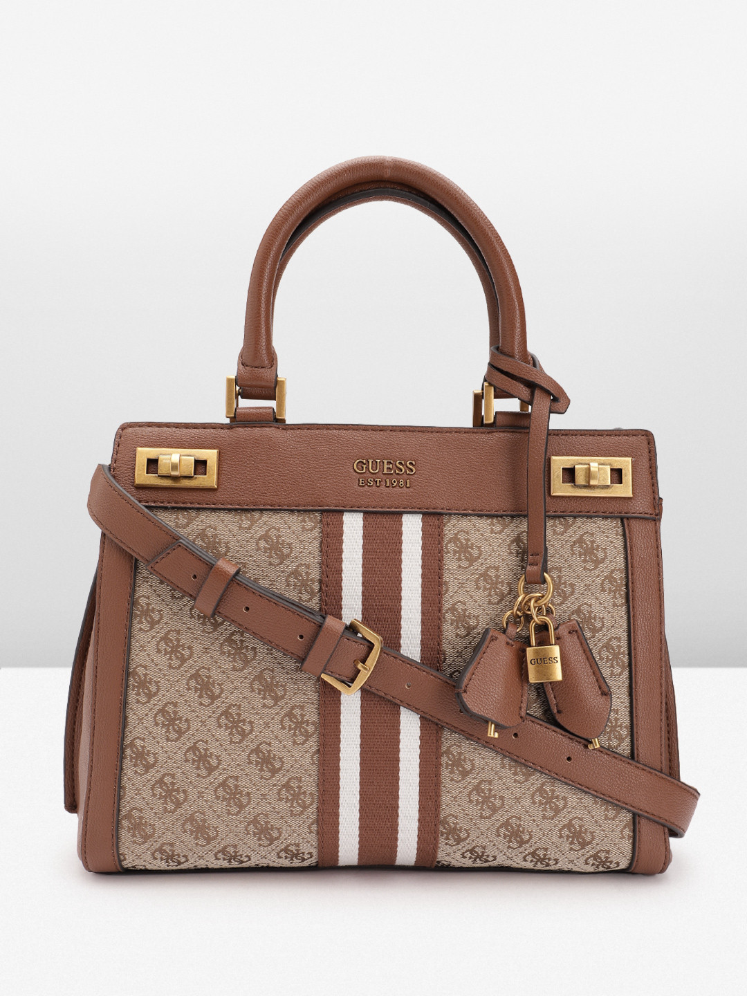 

GUESS Brand Logo Printed Structured Handheld Bag, Brown