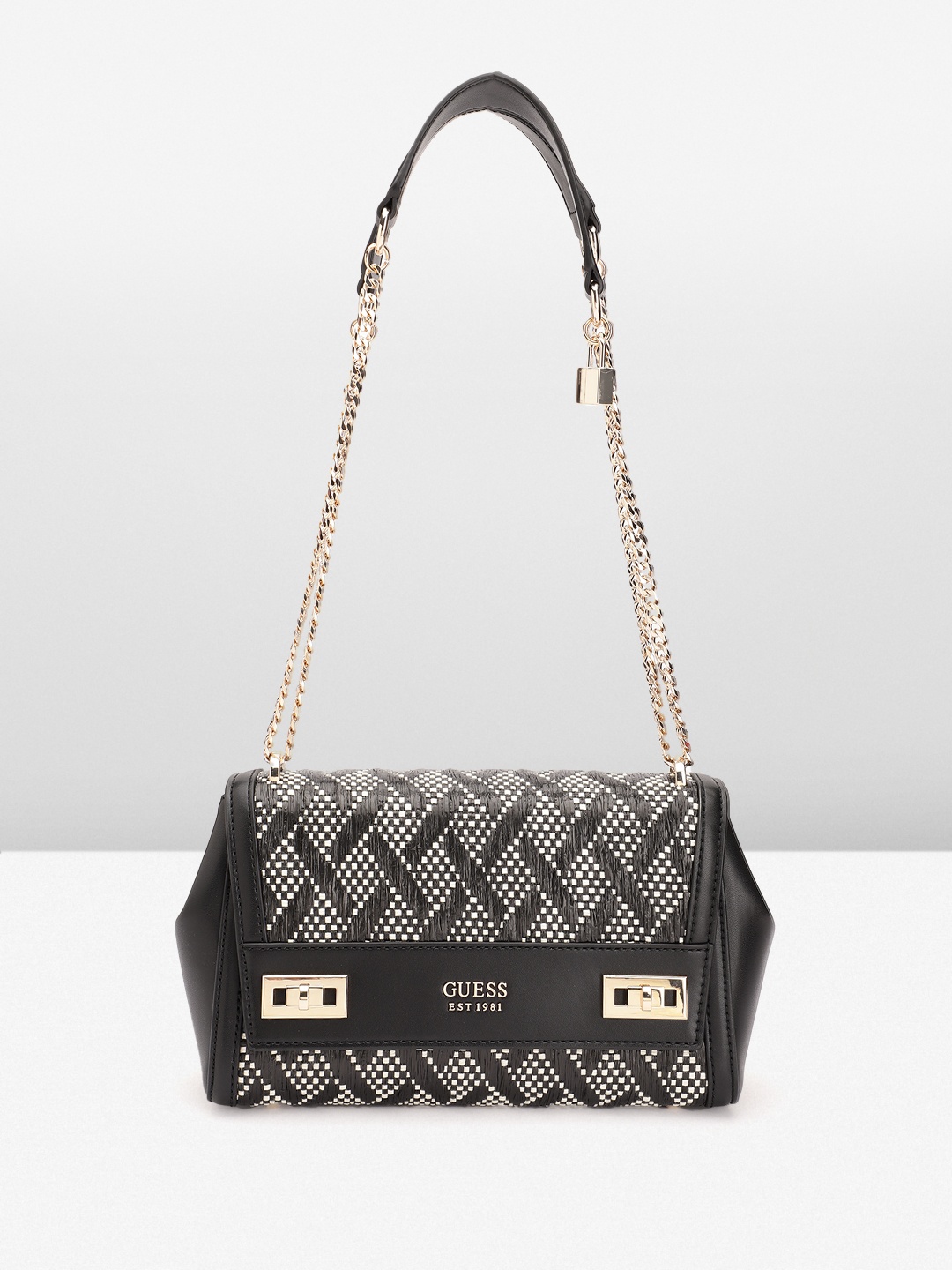 

GUESS Geometric Woven Design Structured Sling Bag, Black