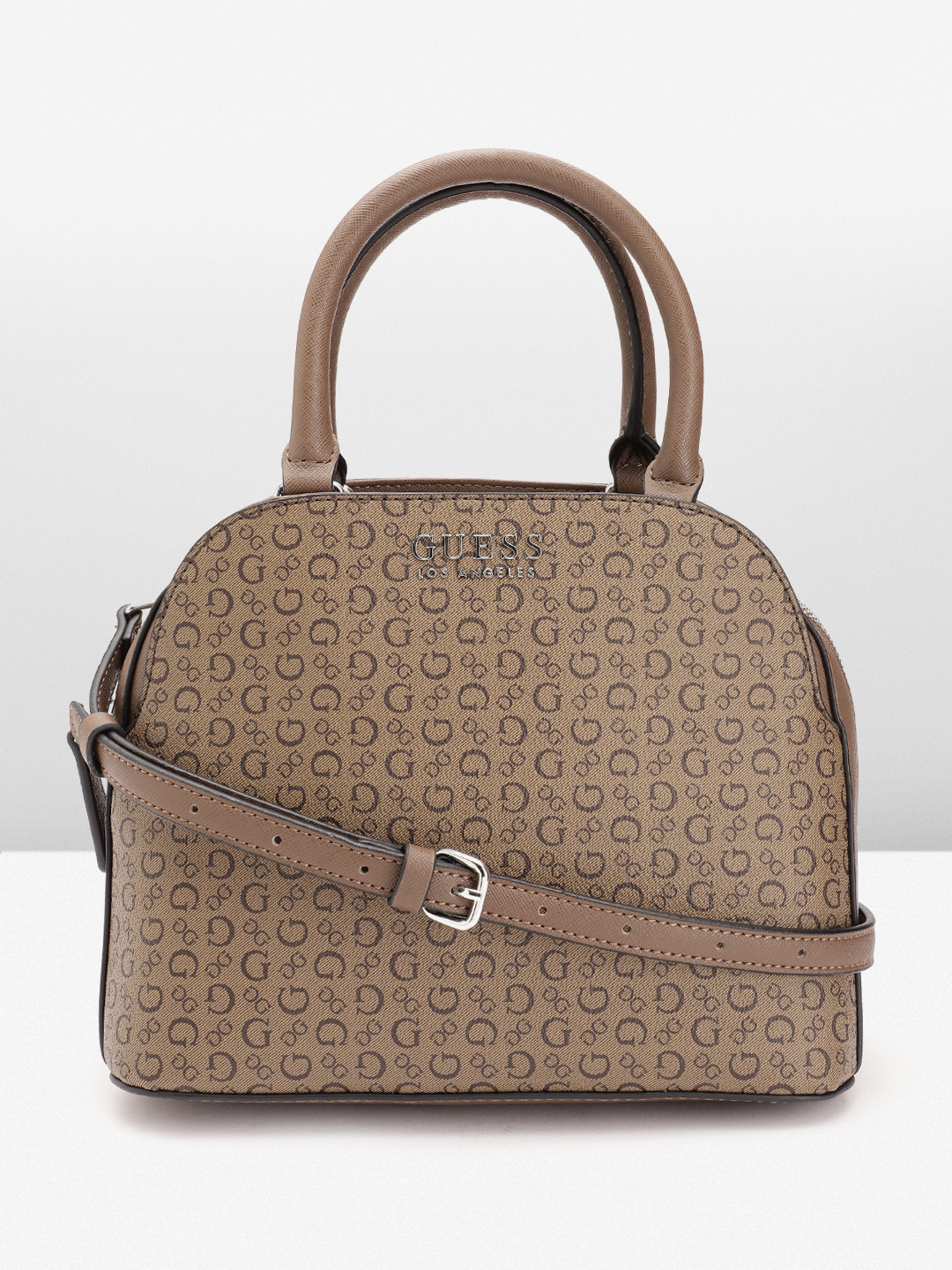 

GUESS Brand Logo Printed Structured Handheld Bag, Brown