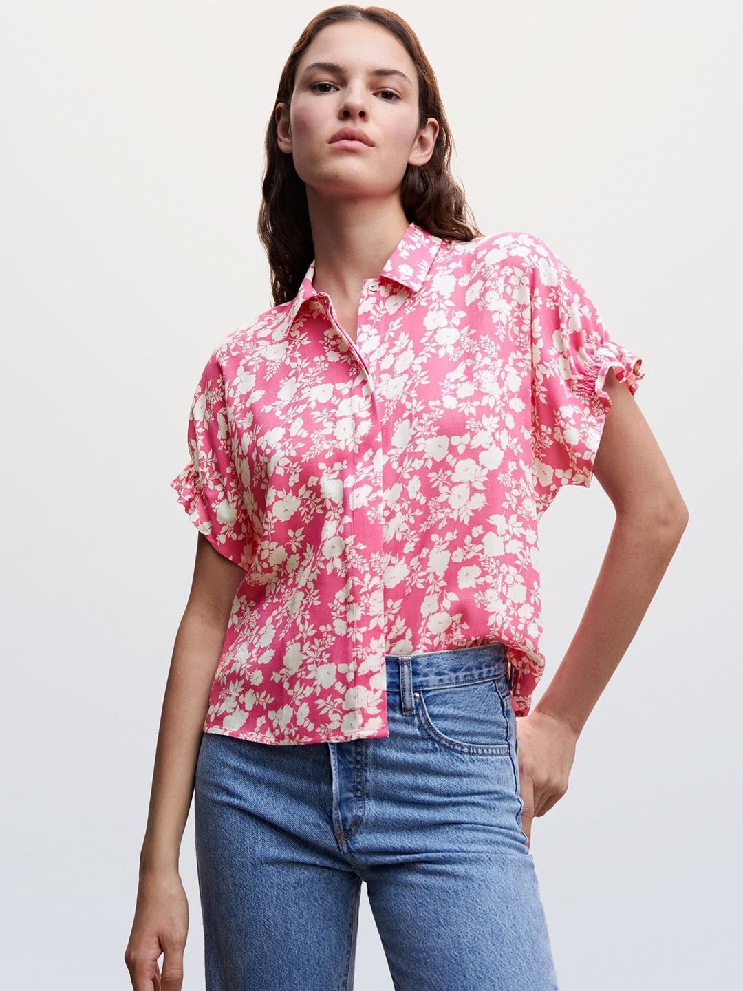 

MANGO Floral Printed Casual Shirt, Pink