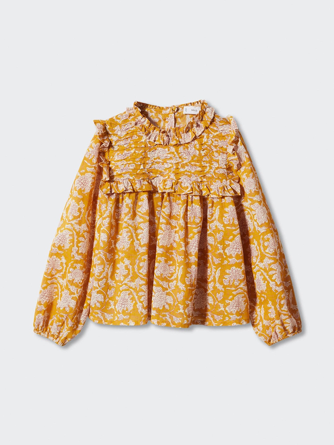 

Mango Kids Girls Ethnic Motifs Printed Ruffled Detail Pure Cotton Sustainable Empire Top, Yellow