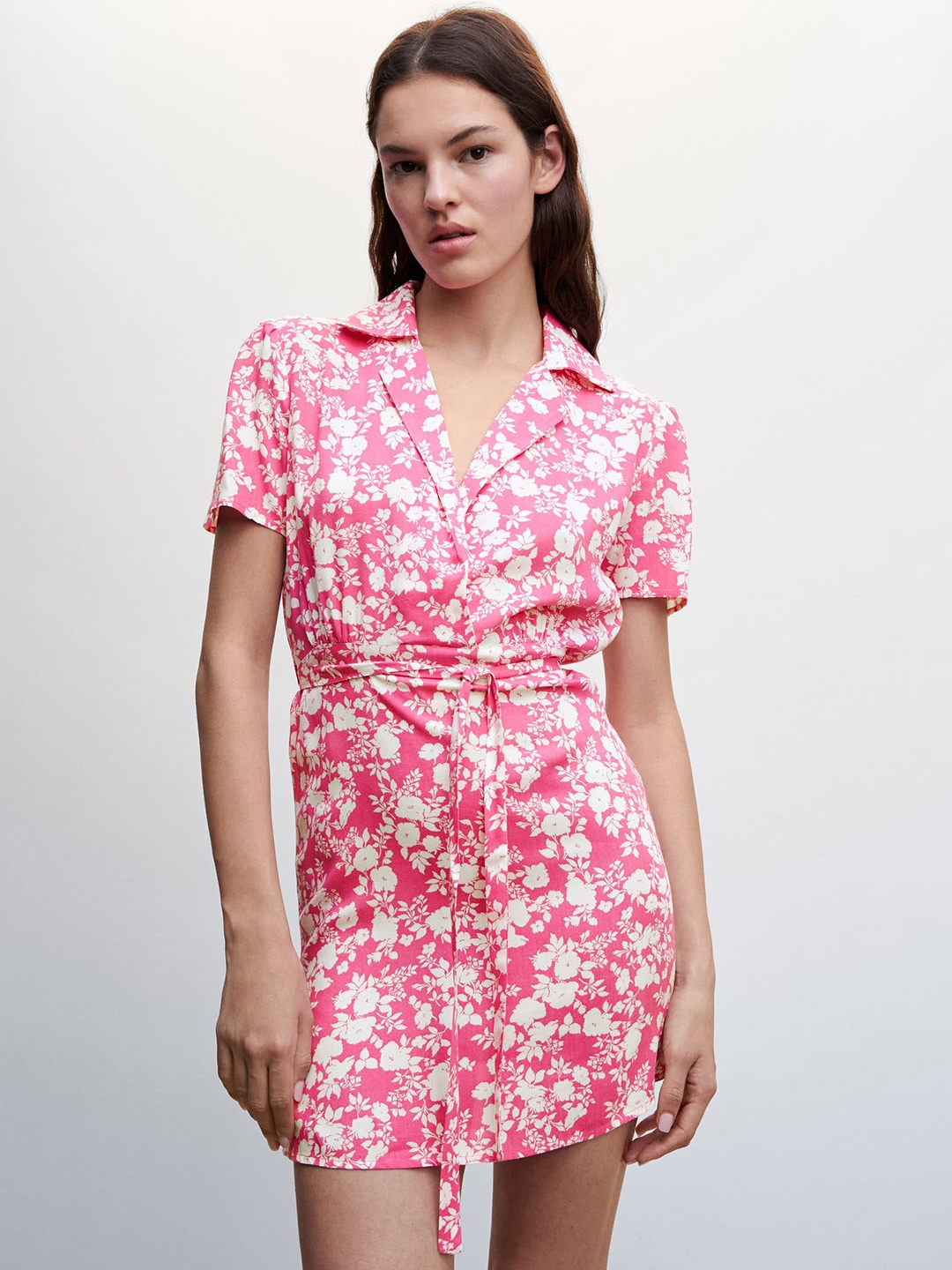 

MANGO Floral Sheath Mini Dress with Belt, Pink