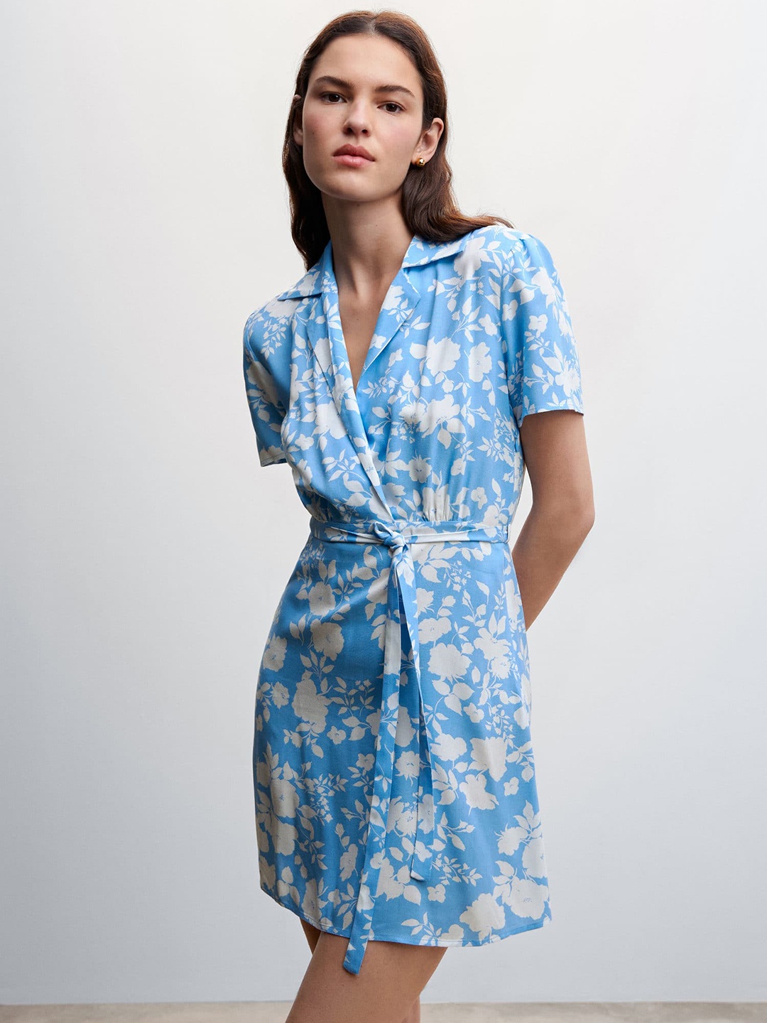 

MANGO Floral Mini Wrap Dress, Blue