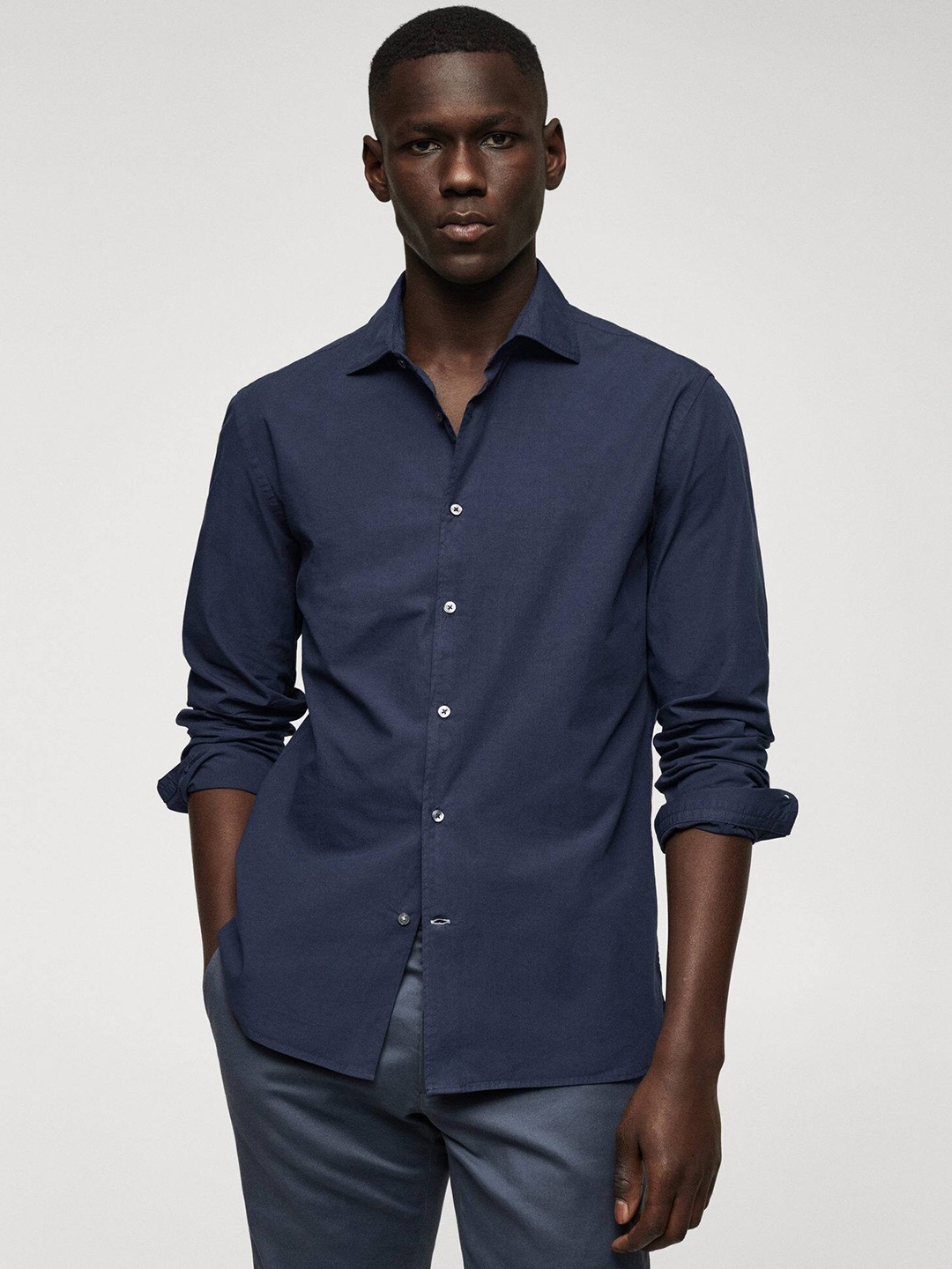 

MANGO MAN Pure Cotton Slim Fit Casual Shirt, Navy blue